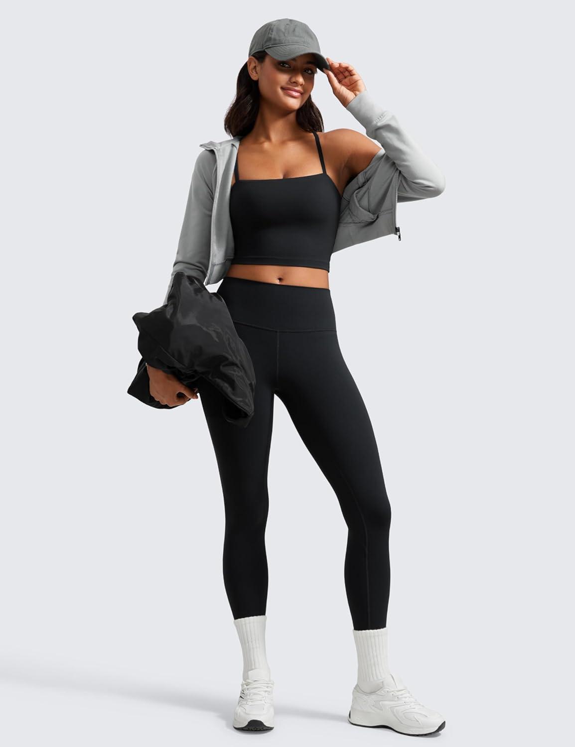 imageCRZ YOGA Butterluxe Cami Crop Tank Tops for Women Square Neck Adjustable Padded Longline Sports Bras Workout CamisoleBlack