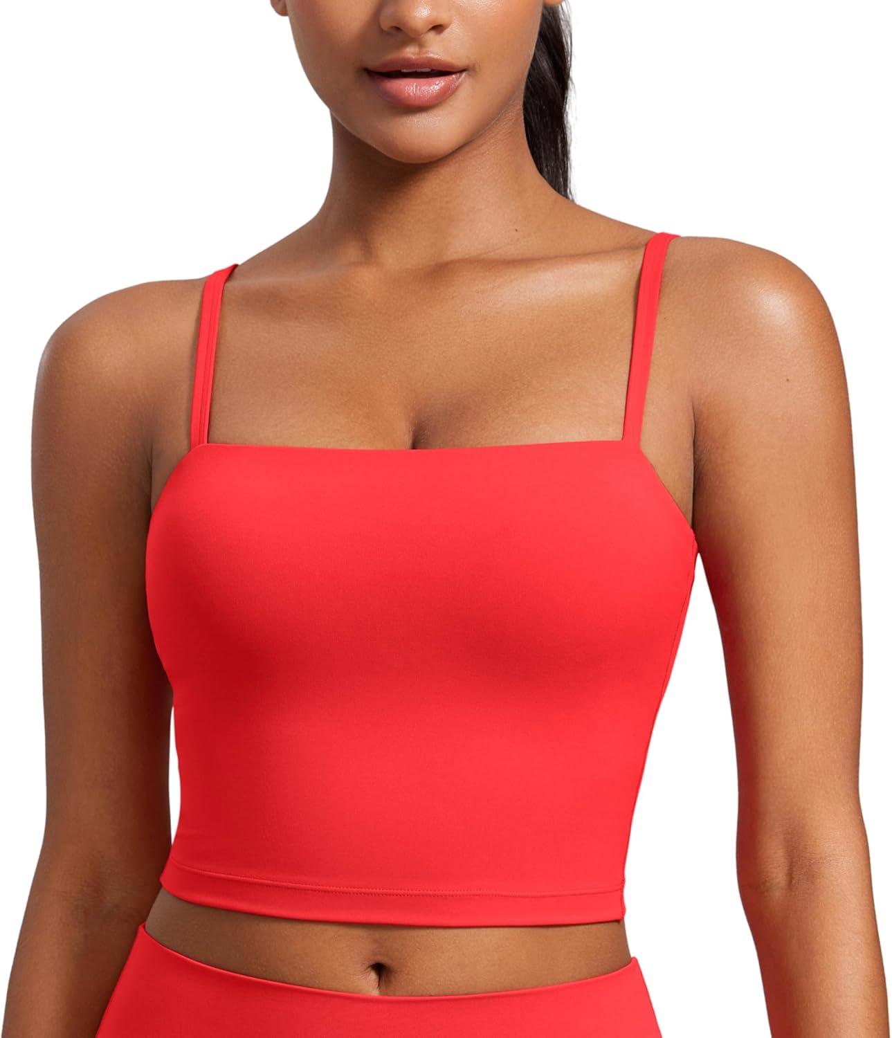 imageCRZ YOGA Butterluxe Cami Crop Tank Tops for Women Square Neck Adjustable Padded Longline Sports Bras Workout CamisoleDeep Red