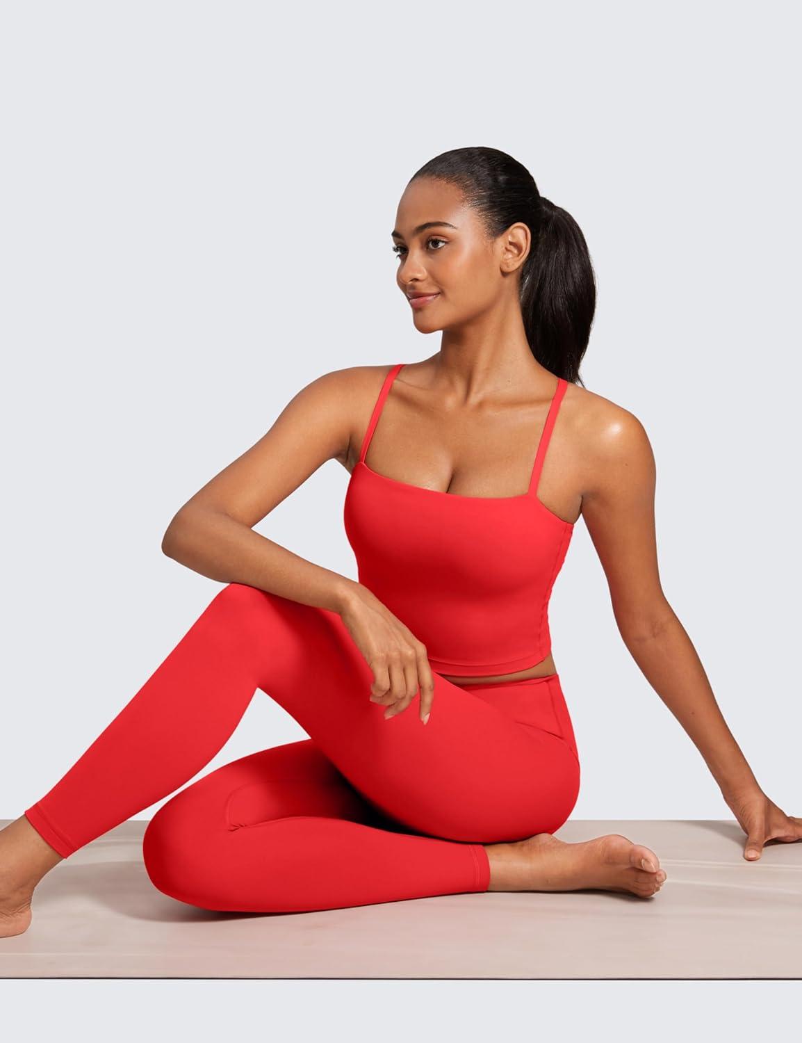 imageCRZ YOGA Butterluxe Cami Crop Tank Tops for Women Square Neck Adjustable Padded Longline Sports Bras Workout CamisoleDeep Red