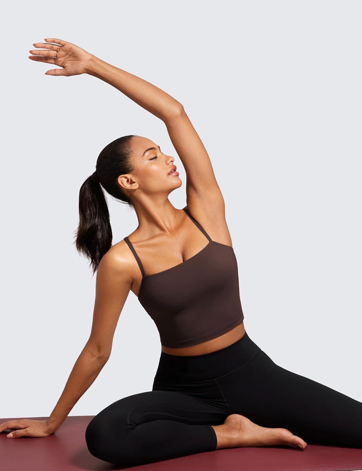 imageCRZ YOGA Butterluxe Cami Crop Tank Tops for Women Square Neck Adjustable Padded Longline Sports Bras Workout CamisoleHot Fudge Brown