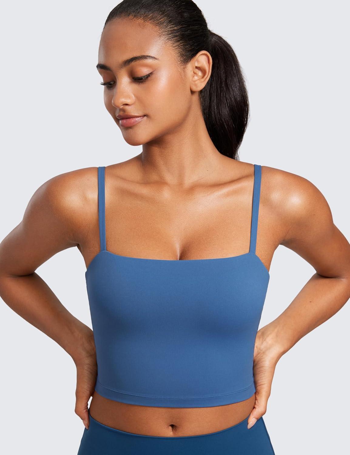 imageCRZ YOGA Butterluxe Cami Crop Tank Tops for Women Square Neck Adjustable Padded Longline Sports Bras Workout CamisolePitch Blue