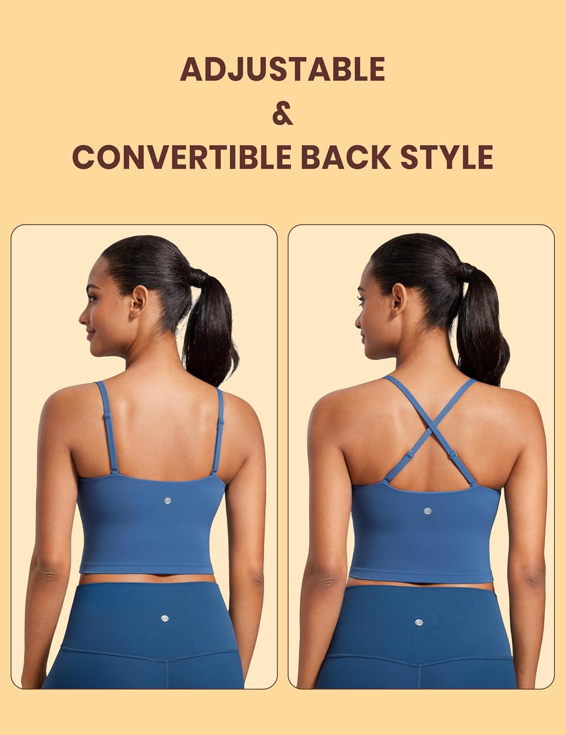 imageCRZ YOGA Butterluxe Cami Crop Tank Tops for Women Square Neck Adjustable Padded Longline Sports Bras Workout CamisolePitch Blue