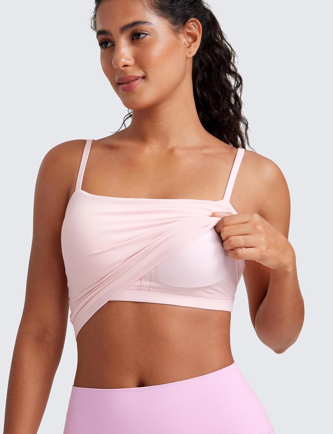 imageCRZ YOGA Butterluxe Cami Crop Tank Tops for Women Square Neck Adjustable Padded Longline Sports Bras Workout CamisoleStrawberry Pink