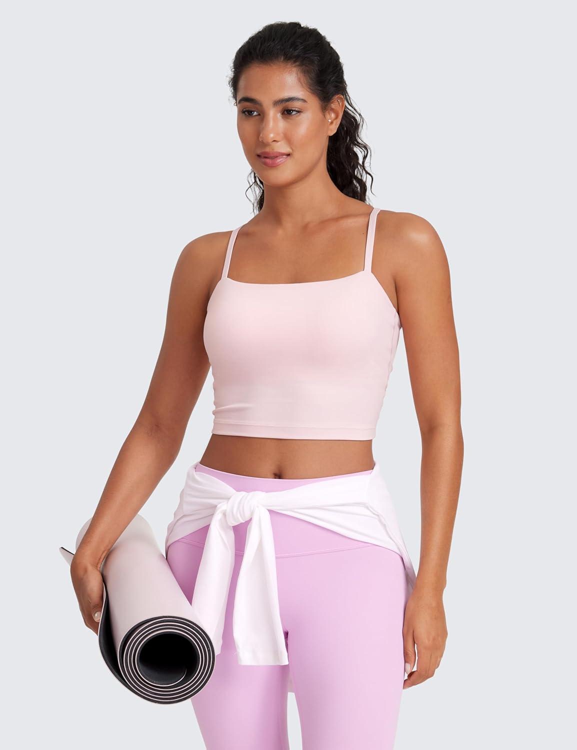 imageCRZ YOGA Butterluxe Cami Crop Tank Tops for Women Square Neck Adjustable Padded Longline Sports Bras Workout CamisoleStrawberry Pink