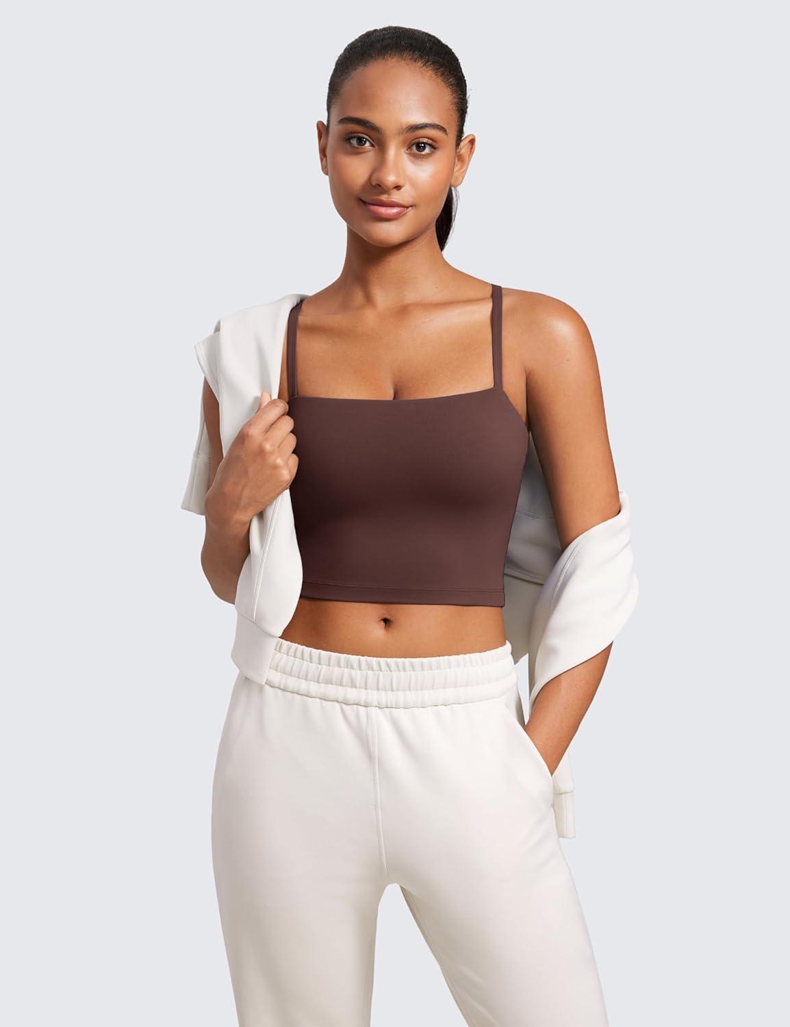 imageCRZ YOGA Butterluxe Cami Crop Tank Tops for Women Square Neck Adjustable Padded Longline Sports Bras Workout CamisoleTaupe