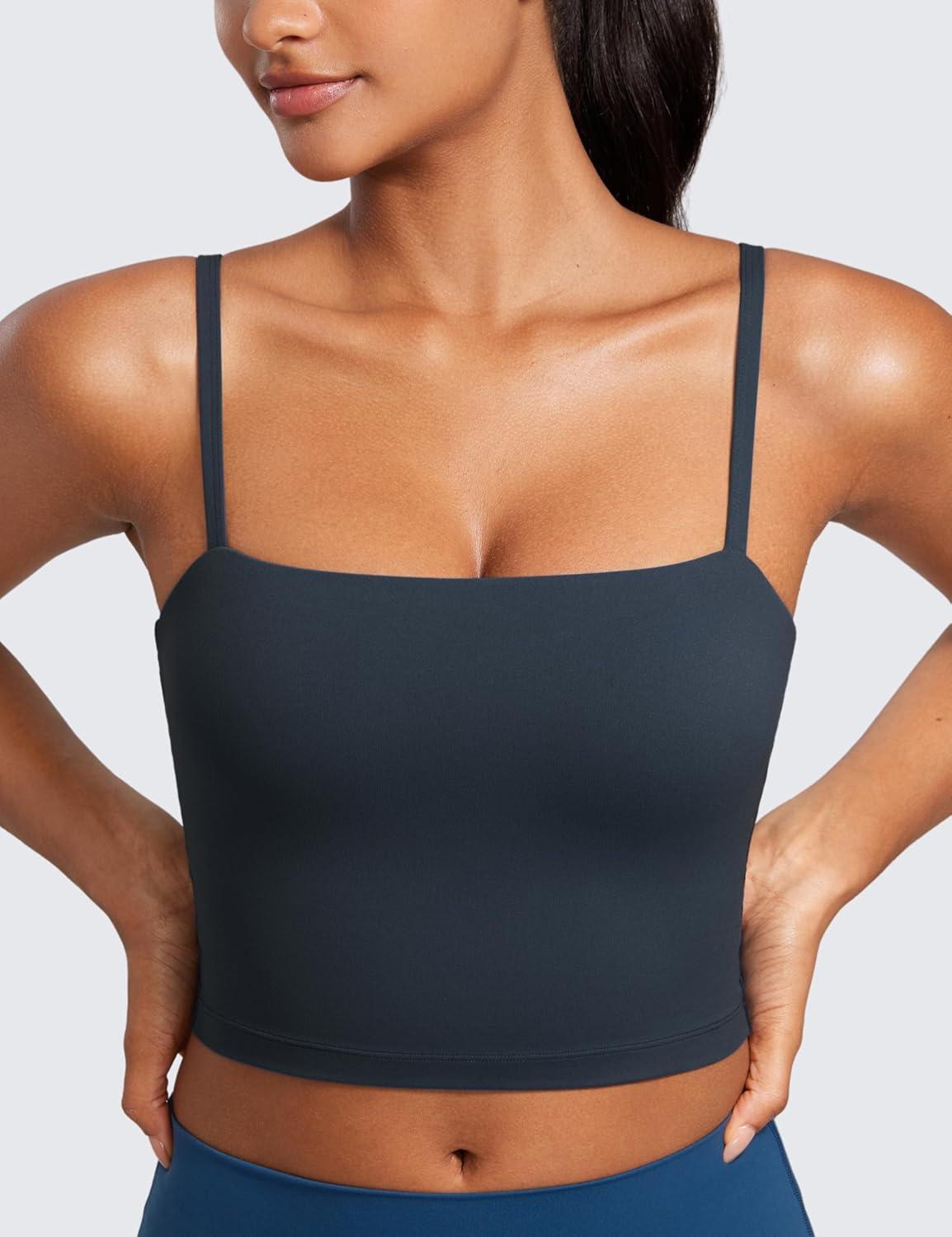 imageCRZ YOGA Butterluxe Cami Crop Tank Tops for Women Square Neck Adjustable Padded Longline Sports Bras Workout CamisoleTrue Navy