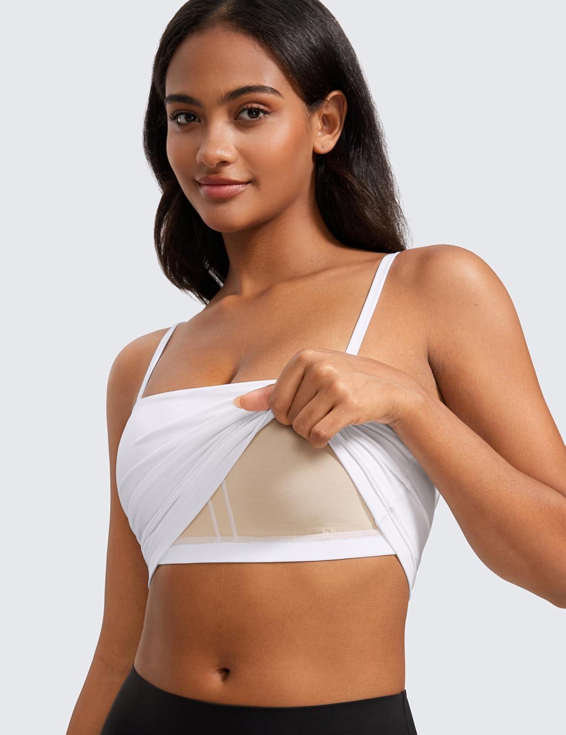 imageCRZ YOGA Butterluxe Cami Crop Tank Tops for Women Square Neck Adjustable Padded Longline Sports Bras Workout CamisoleWhite