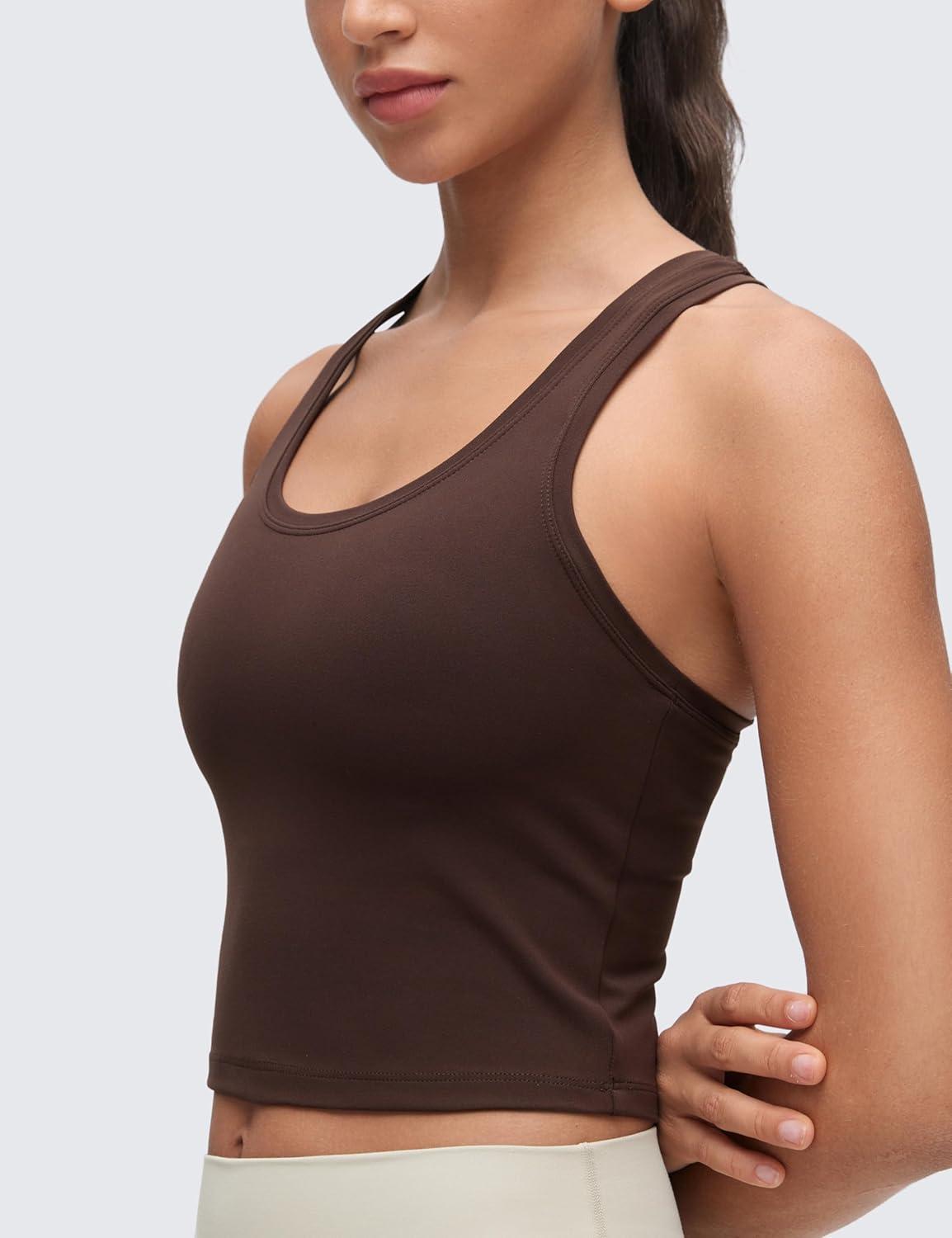 imageCRZ YOGA Butterluxe Crop Yoga Tank Tops for Women Workout Athletic Casual Tight Scoop Neck Racerback Sleeveless ShirtsHot Fudge Brown
