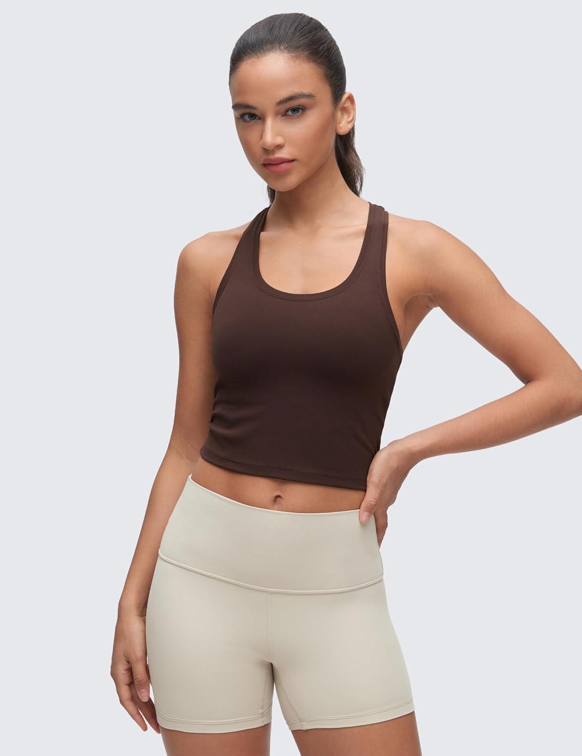 imageCRZ YOGA Butterluxe Crop Yoga Tank Tops for Women Workout Athletic Casual Tight Scoop Neck Racerback Sleeveless ShirtsHot Fudge Brown