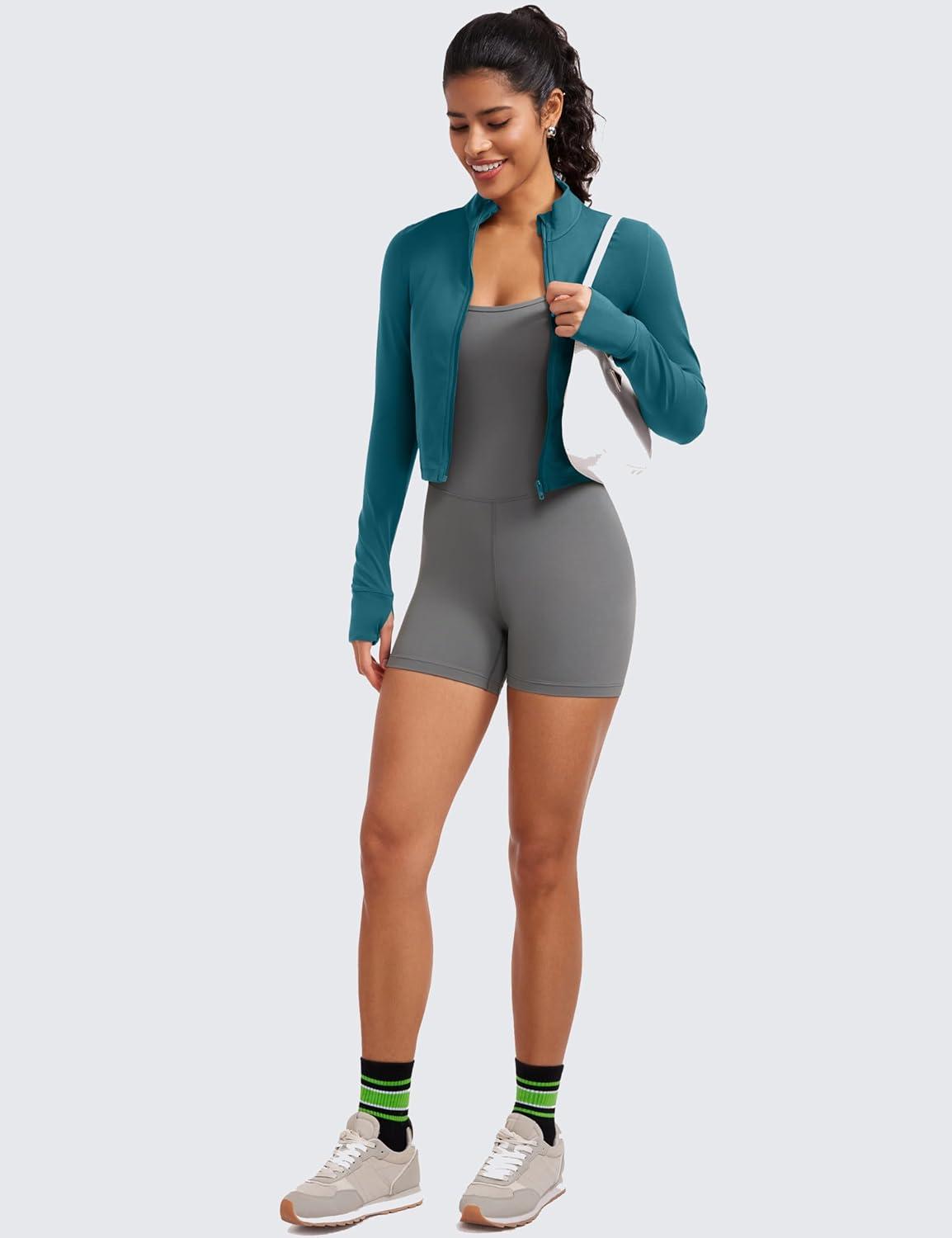 imageCRZ YOGA Butterluxe Cropped Athletic Jackets for Women Full Zip Up Track Tops with Thumb Holes PocketsBorealis Green