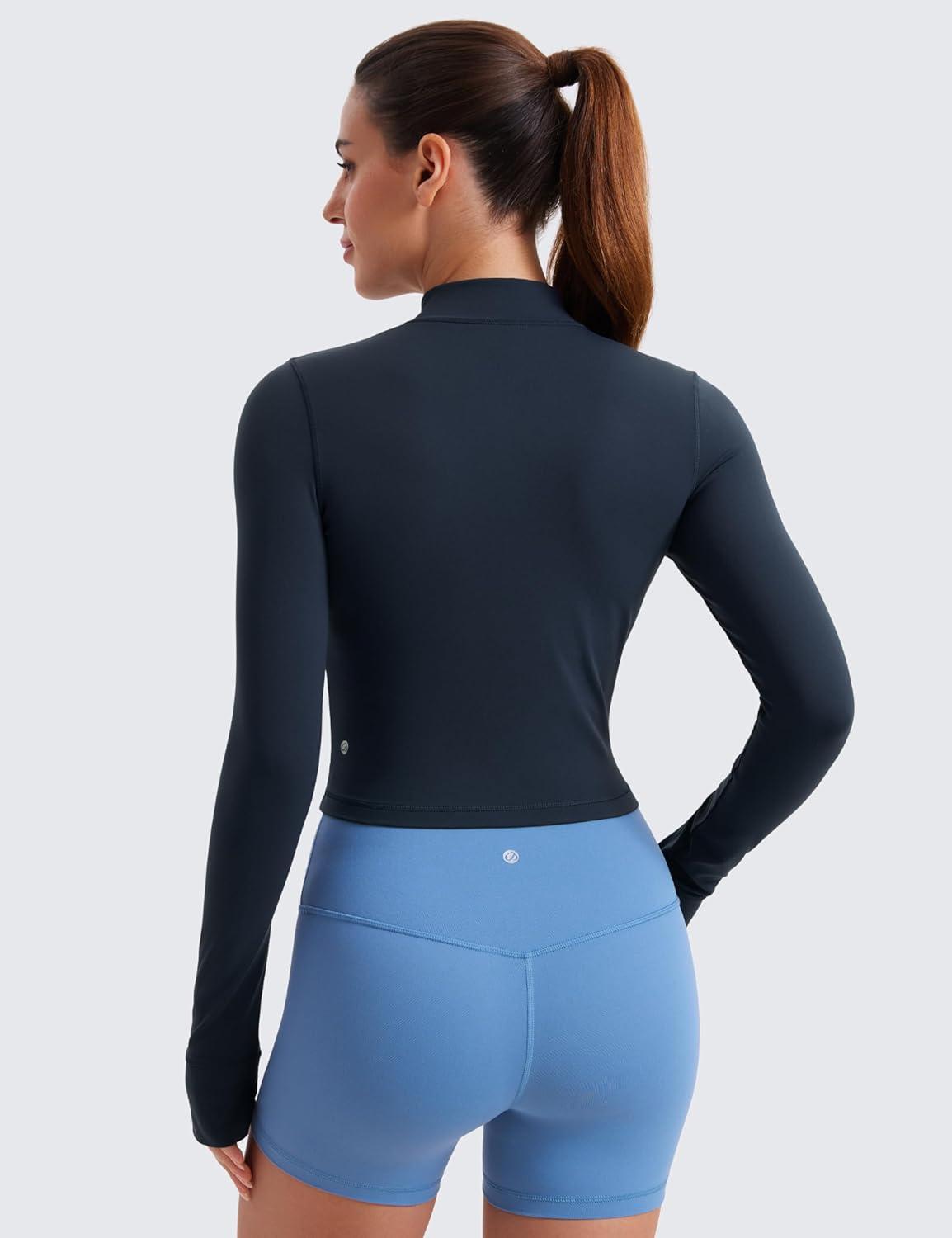 imageCRZ YOGA Butterluxe Cropped Athletic Jackets for Women Full Zip Up Track Tops with Thumb Holes PocketsTwilight Blue