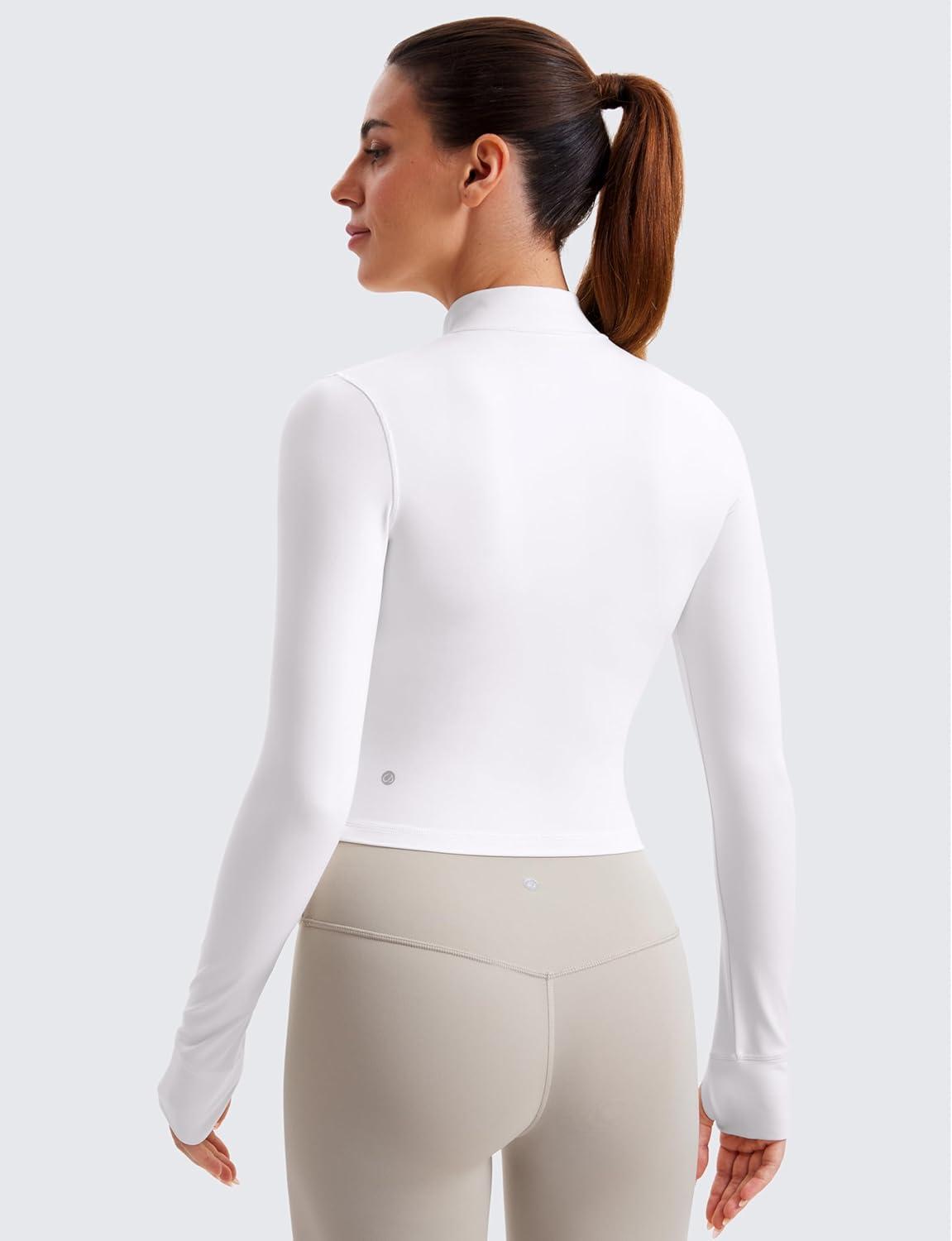 imageCRZ YOGA Butterluxe Cropped Athletic Jackets for Women Full Zip Up Track Tops with Thumb Holes PocketsWhite