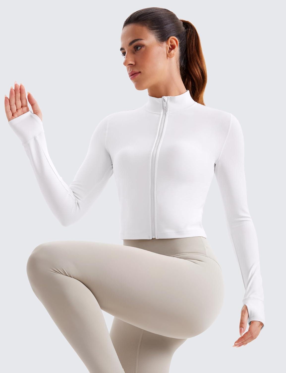 imageCRZ YOGA Butterluxe Cropped Athletic Jackets for Women Full Zip Up Track Tops with Thumb Holes PocketsWhite