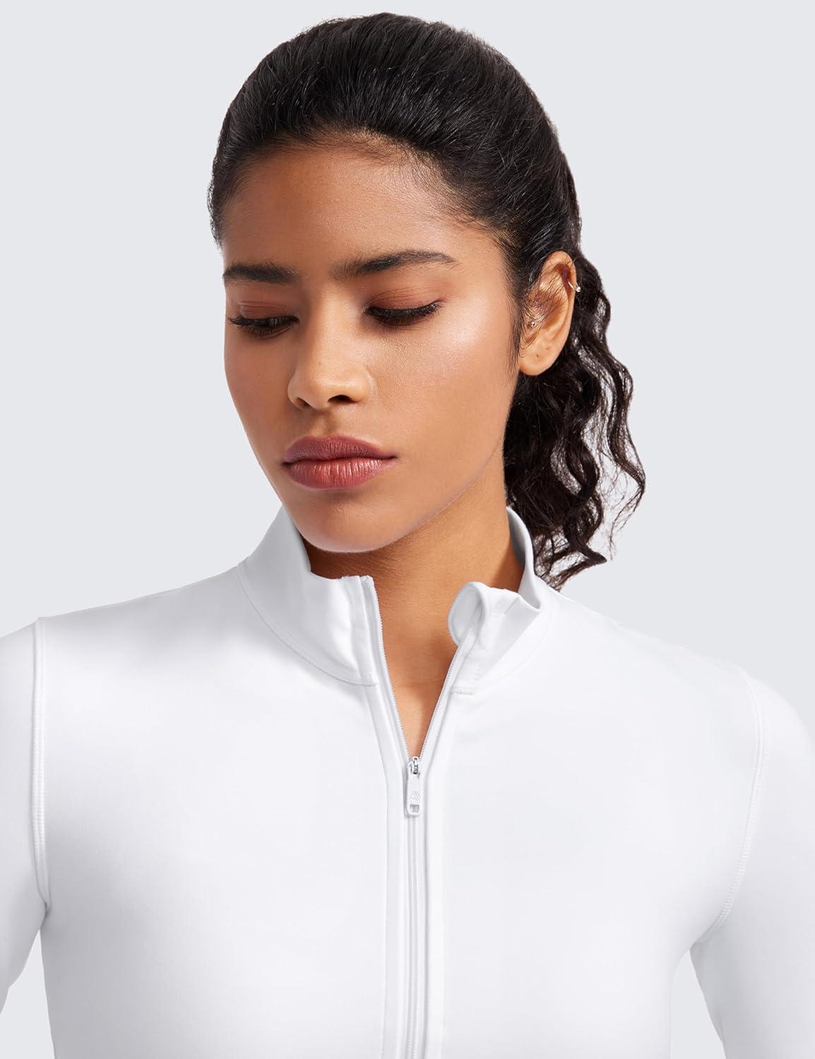 imageCRZ YOGA Butterluxe Cropped Athletic Jackets for Women Full Zip Up Track Tops with Thumb Holes PocketsWhite
