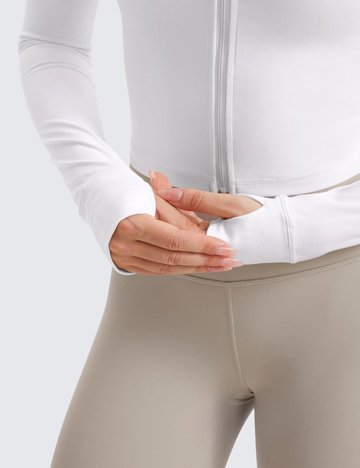 imageCRZ YOGA Butterluxe Cropped Athletic Jackets for Women Full Zip Up Track Tops with Thumb Holes PocketsWhite