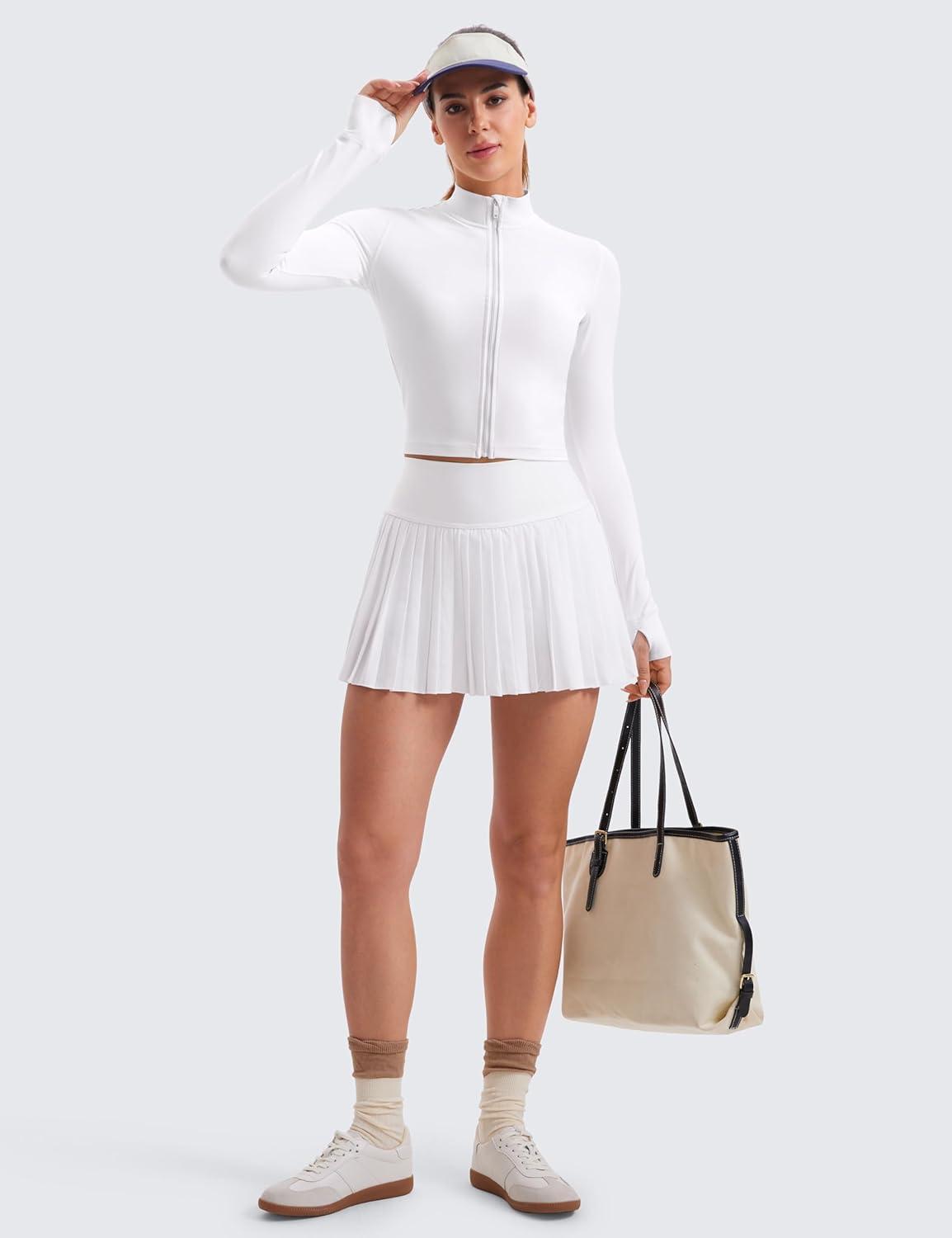 imageCRZ YOGA Butterluxe Cropped Athletic Jackets for Women Full Zip Up Track Tops with Thumb Holes PocketsWhite