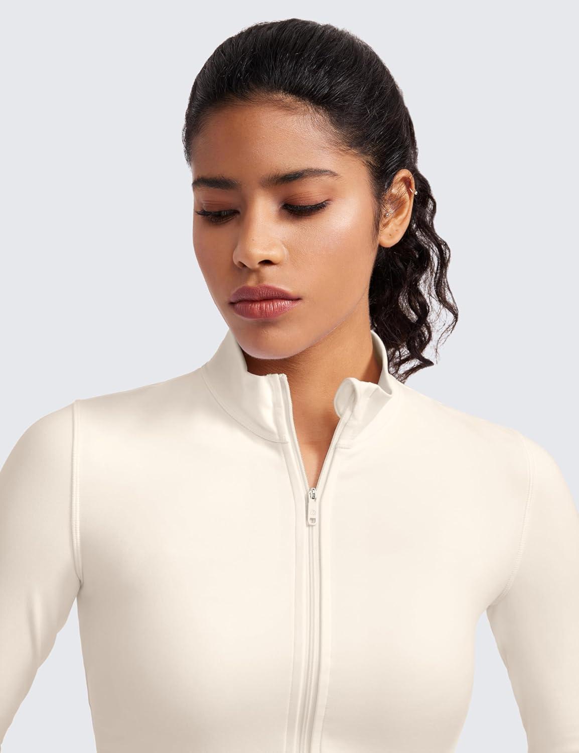 imageCRZ YOGA Butterluxe Cropped Athletic Jackets for Women Full Zip Up Track Tops with Thumb Holes PocketsWhite Apricot