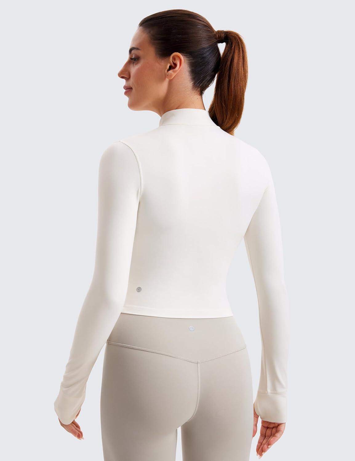 imageCRZ YOGA Butterluxe Cropped Athletic Jackets for Women Full Zip Up Track Tops with Thumb Holes PocketsWhite Apricot