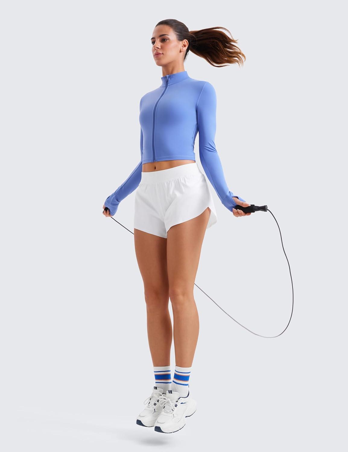 imageCRZ YOGA Butterluxe Cropped Athletic Jackets for Women Full Zip Up Track Tops with Thumb Holes PocketsWild Indigo