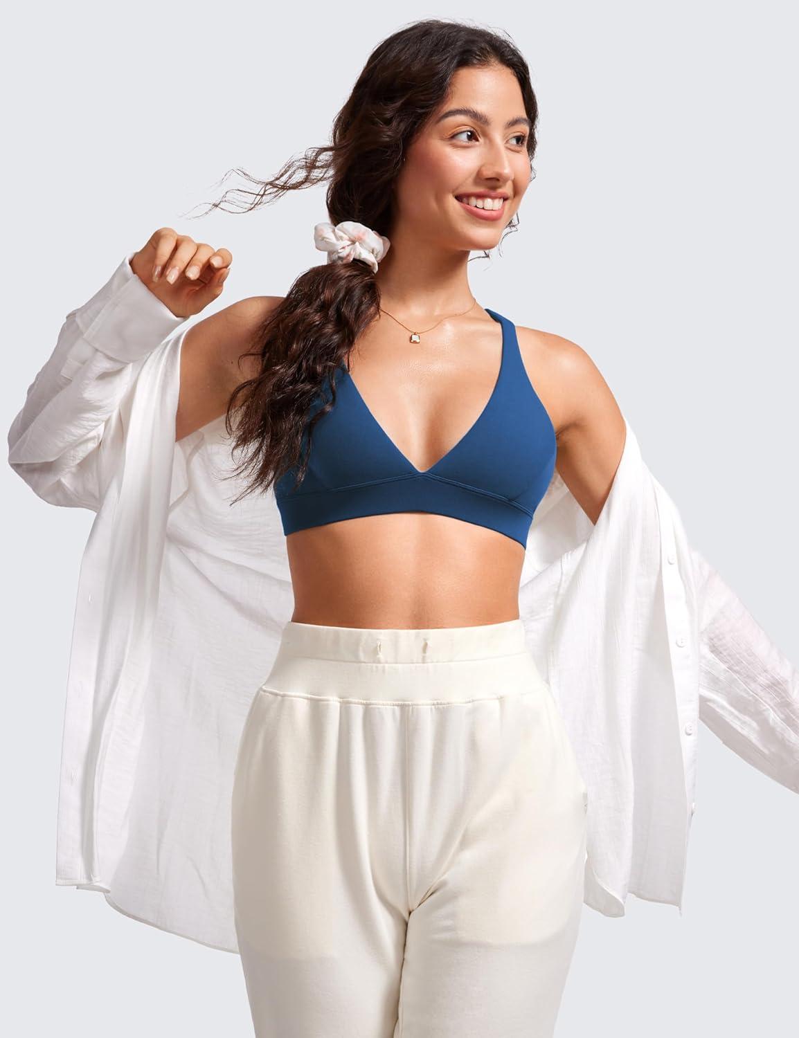 imageCRZ YOGA Butterluxe Deep VNeck Sports Bras for Women Spaghetti Strap Criss Cross Padded Top Low Coverage Wireless YogaFrench Navy