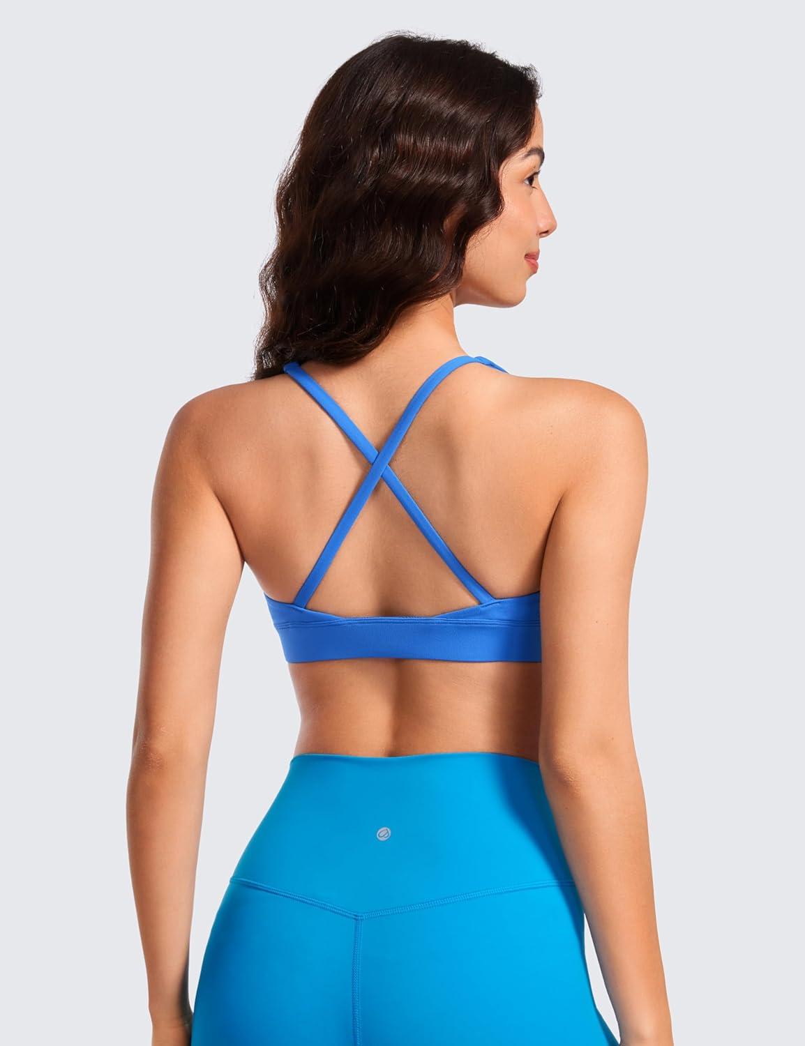 imageCRZ YOGA Butterluxe Deep VNeck Sports Bras for Women Spaghetti Strap Criss Cross Padded Top Low Coverage Wireless YogaSparkle Blue