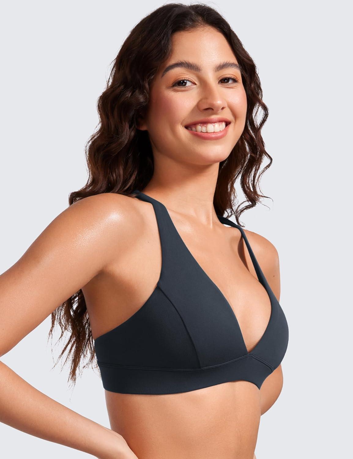 imageCRZ YOGA Butterluxe Deep VNeck Sports Bras for Women Spaghetti Strap Criss Cross Padded Top Low Coverage Wireless YogaTrue Navy