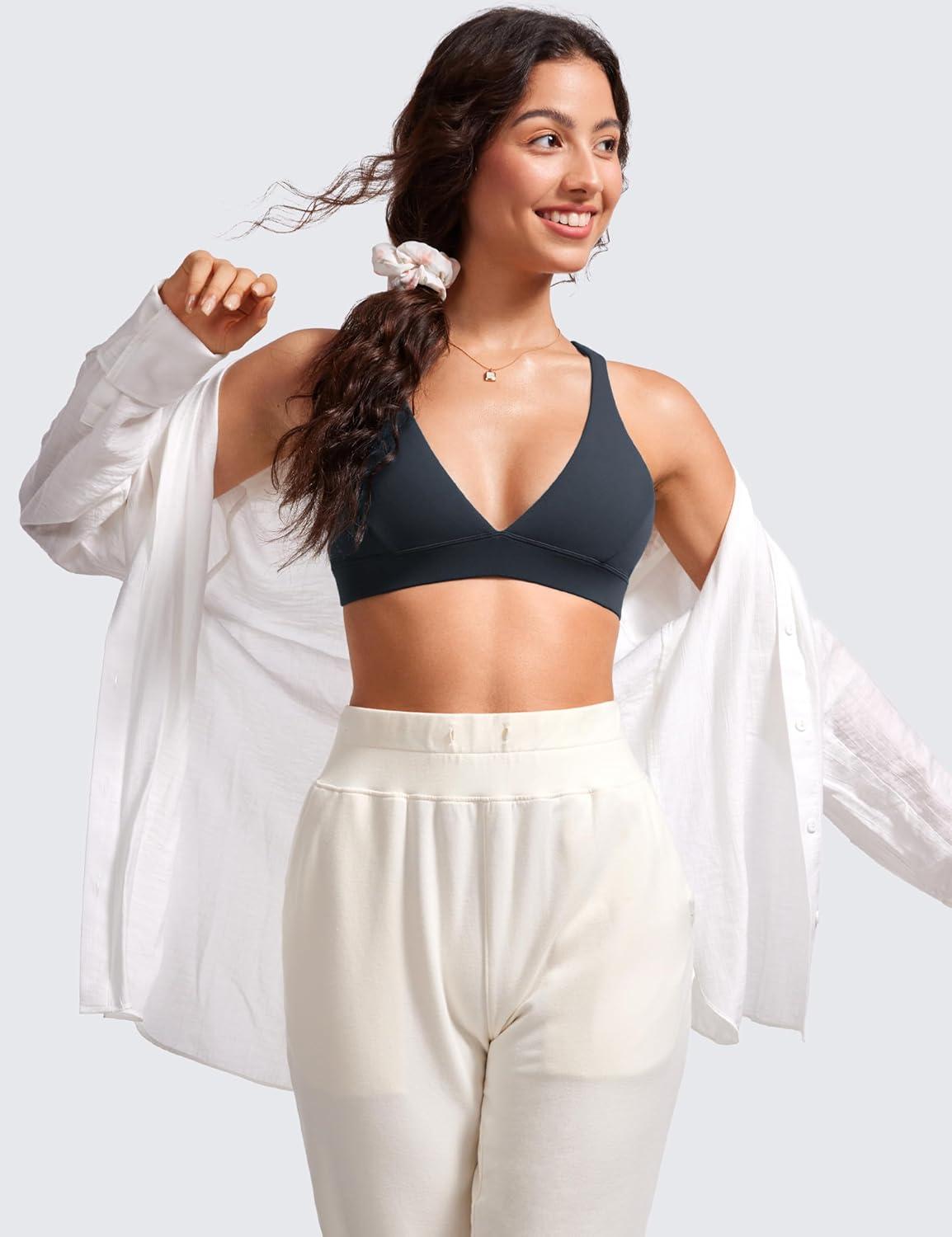 imageCRZ YOGA Butterluxe Deep VNeck Sports Bras for Women Spaghetti Strap Criss Cross Padded Top Low Coverage Wireless YogaTrue Navy