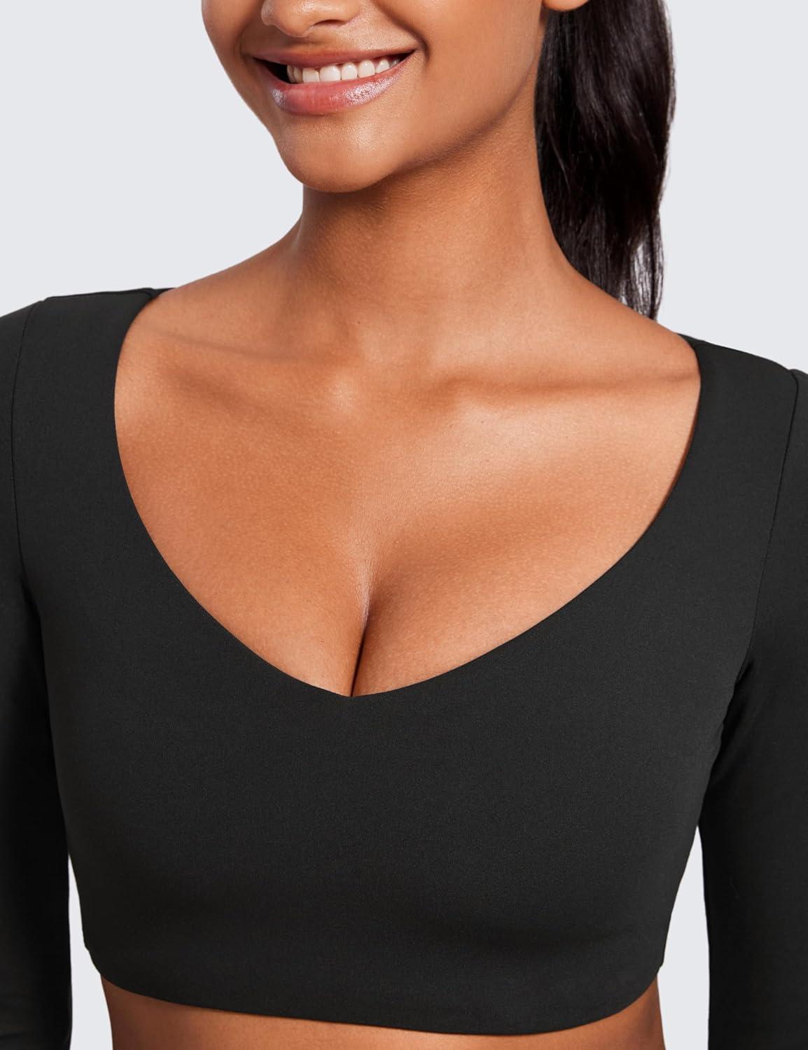 imageCRZ YOGA Butterluxe Double Lined Long Sleeve Yoga Shirts for Women V Neck Cropped Casual TShirt Tight Crop Fitted TopsBlack