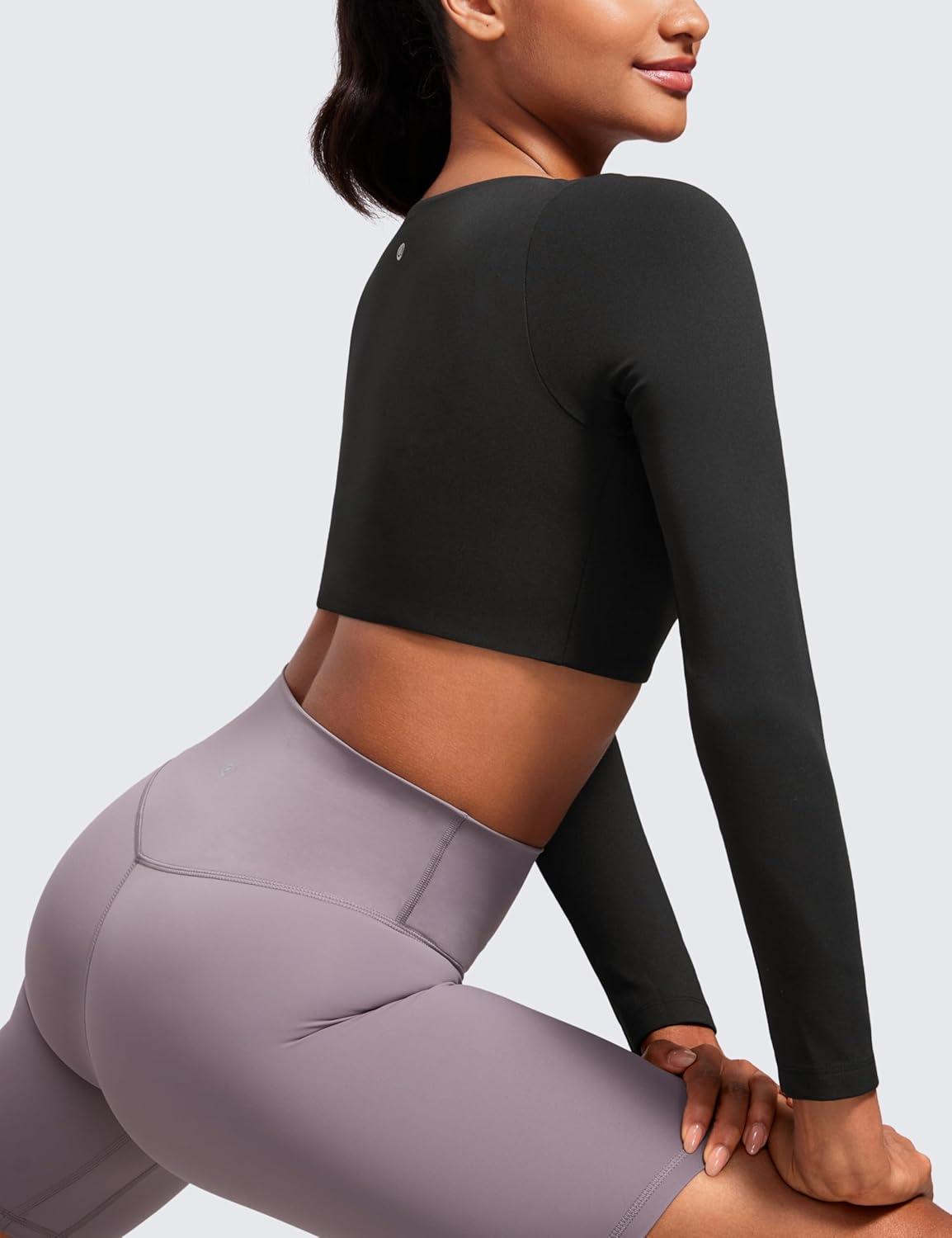 imageCRZ YOGA Butterluxe Double Lined Long Sleeve Yoga Shirts for Women V Neck Cropped Casual TShirt Tight Crop Fitted TopsBlack