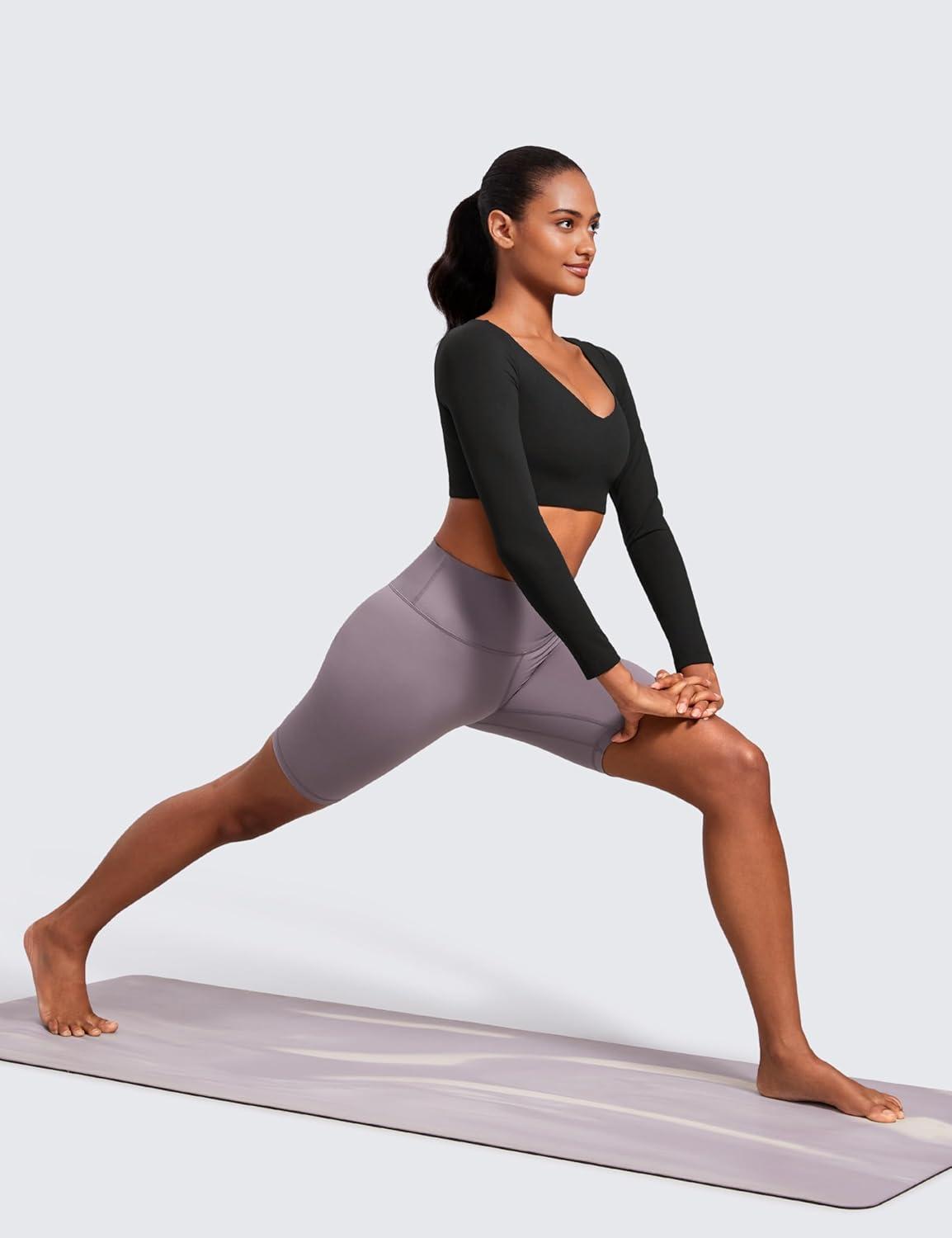 imageCRZ YOGA Butterluxe Double Lined Long Sleeve Yoga Shirts for Women V Neck Cropped Casual TShirt Tight Crop Fitted TopsBlack