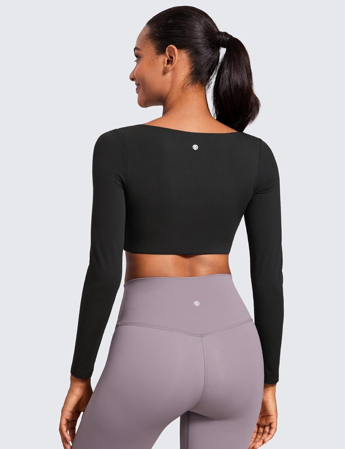 imageCRZ YOGA Butterluxe Double Lined Long Sleeve Yoga Shirts for Women V Neck Cropped Casual TShirt Tight Crop Fitted TopsBlack
