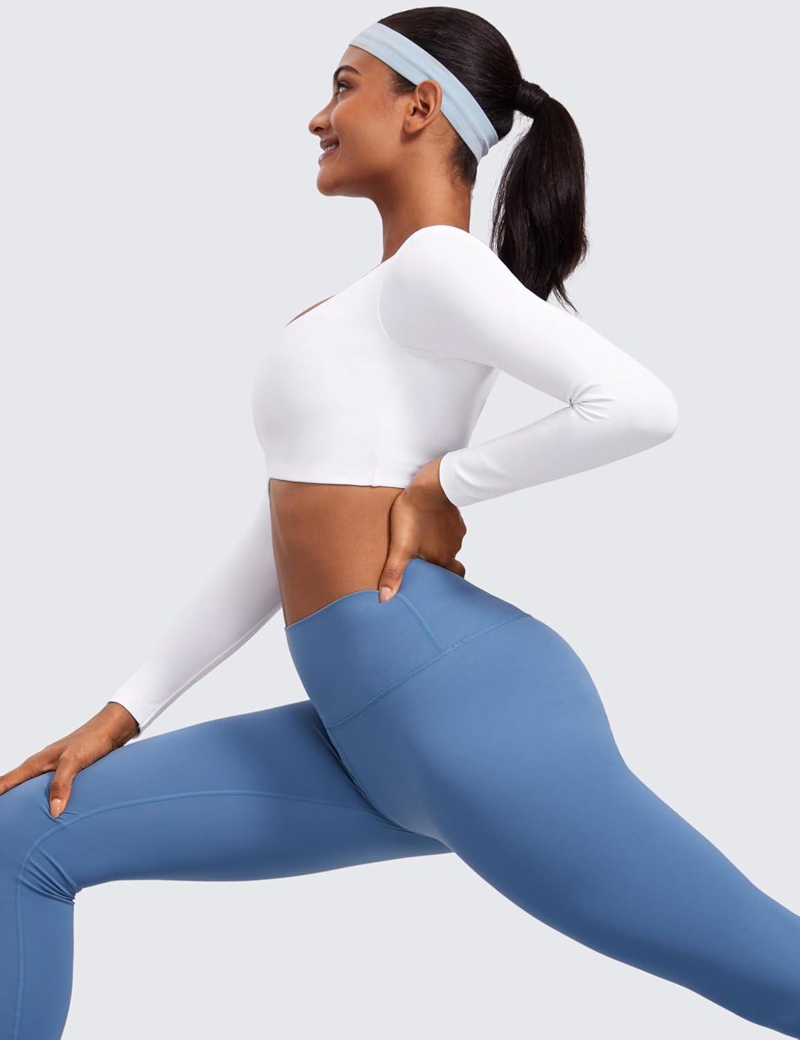 imageCRZ YOGA Butterluxe Double Lined Long Sleeve Yoga Shirts for Women V Neck Cropped Casual TShirt Tight Crop Fitted TopsWhite