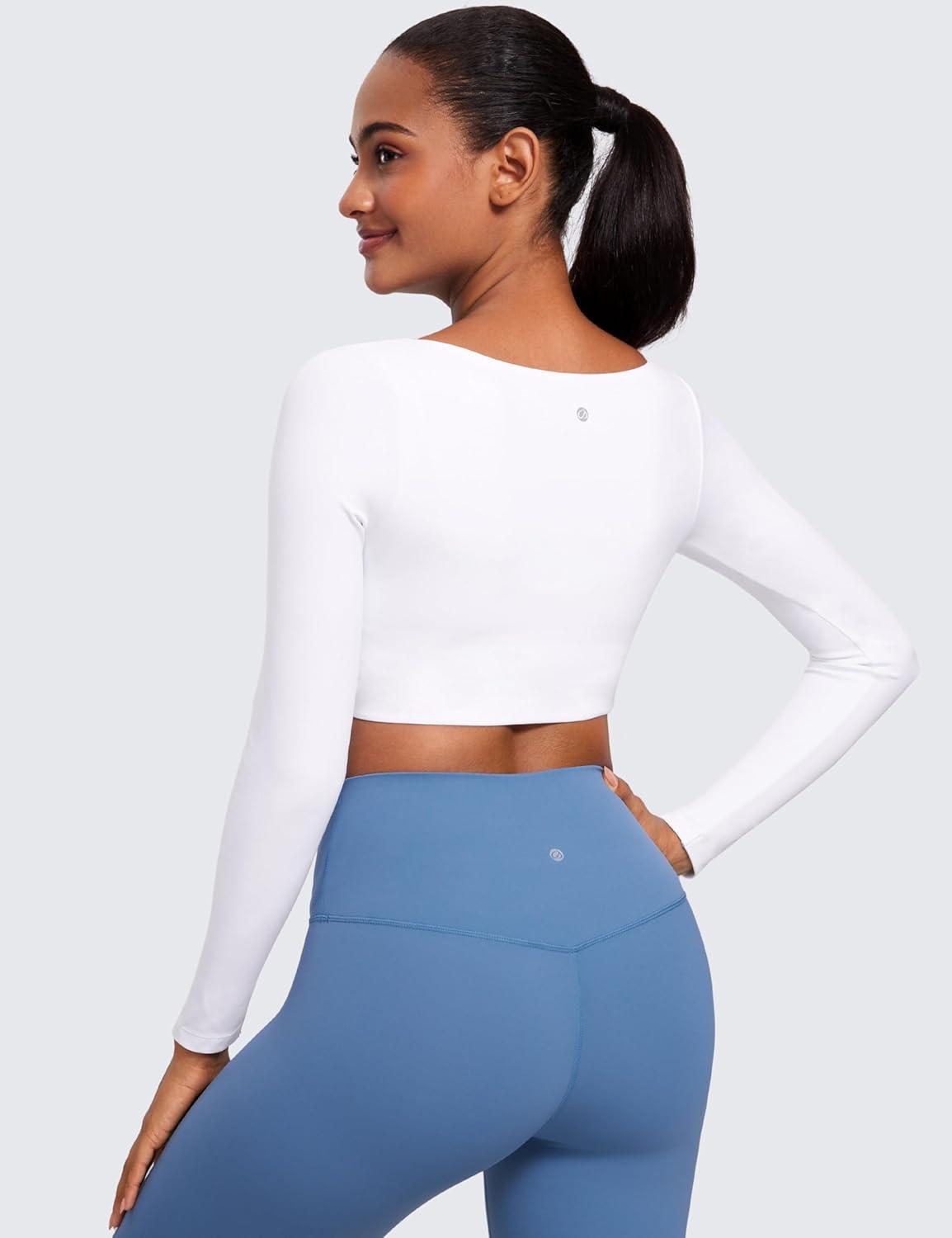 imageCRZ YOGA Butterluxe Double Lined Long Sleeve Yoga Shirts for Women V Neck Cropped Casual TShirt Tight Crop Fitted TopsWhite
