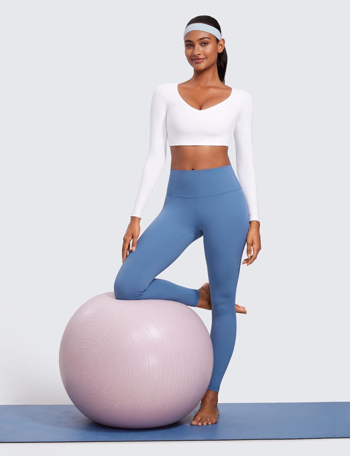 imageCRZ YOGA Butterluxe Double Lined Long Sleeve Yoga Shirts for Women V Neck Cropped Casual TShirt Tight Crop Fitted TopsWhite