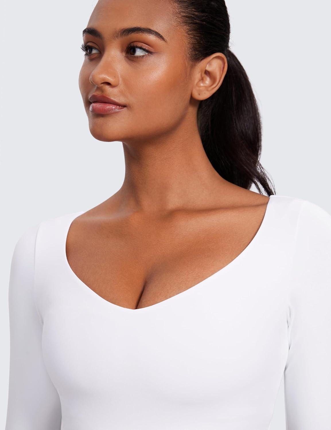 imageCRZ YOGA Butterluxe Double Lined Long Sleeve Yoga Shirts for Women V Neck Cropped Casual TShirt Tight Crop Fitted TopsWhite