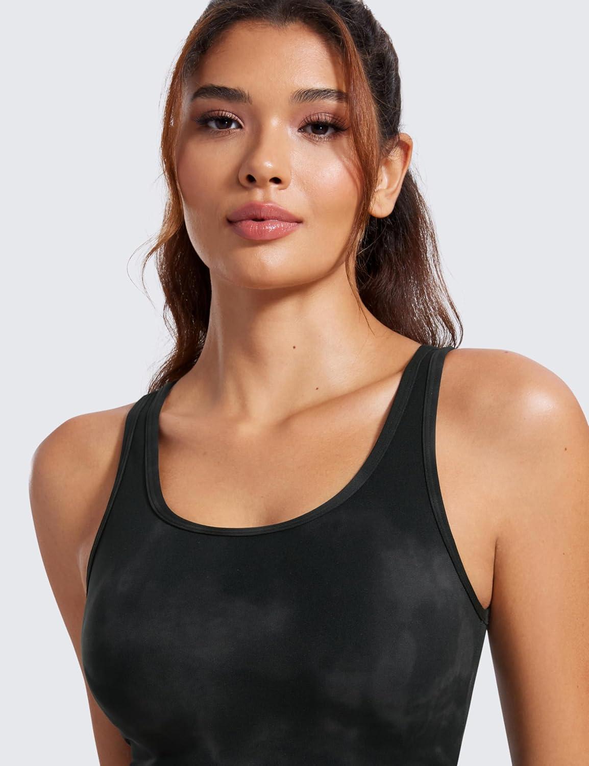 imageCRZ YOGA Butterluxe Double Lined Tank Tops for Women Workout Casual Scoop Neck Racerback Crop Sleeveless ShirtBlack Tie Dye Flowers
