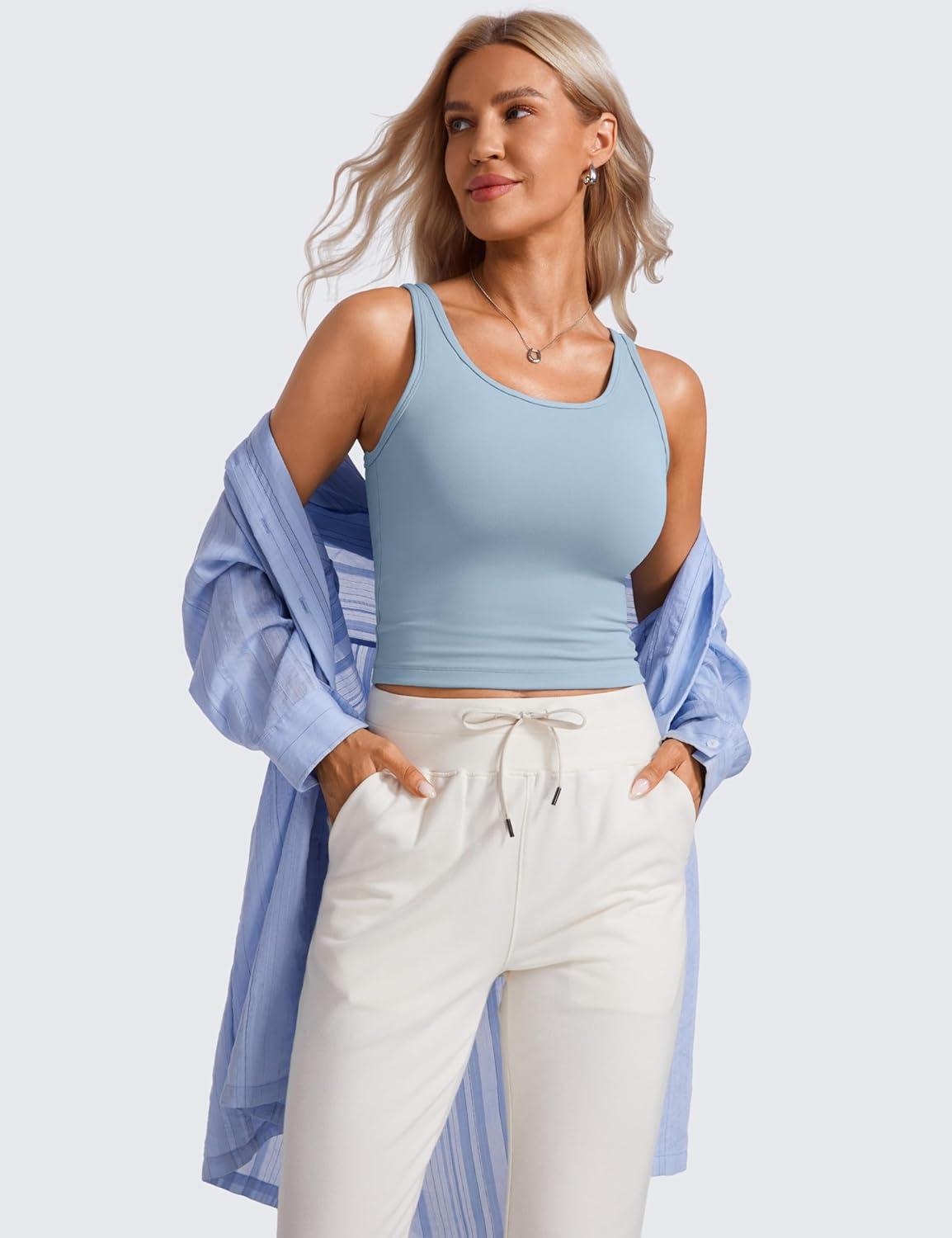 imageCRZ YOGA Butterluxe Double Lined Tank Tops for Women Workout Casual Scoop Neck Racerback Crop Sleeveless ShirtCambric Blue