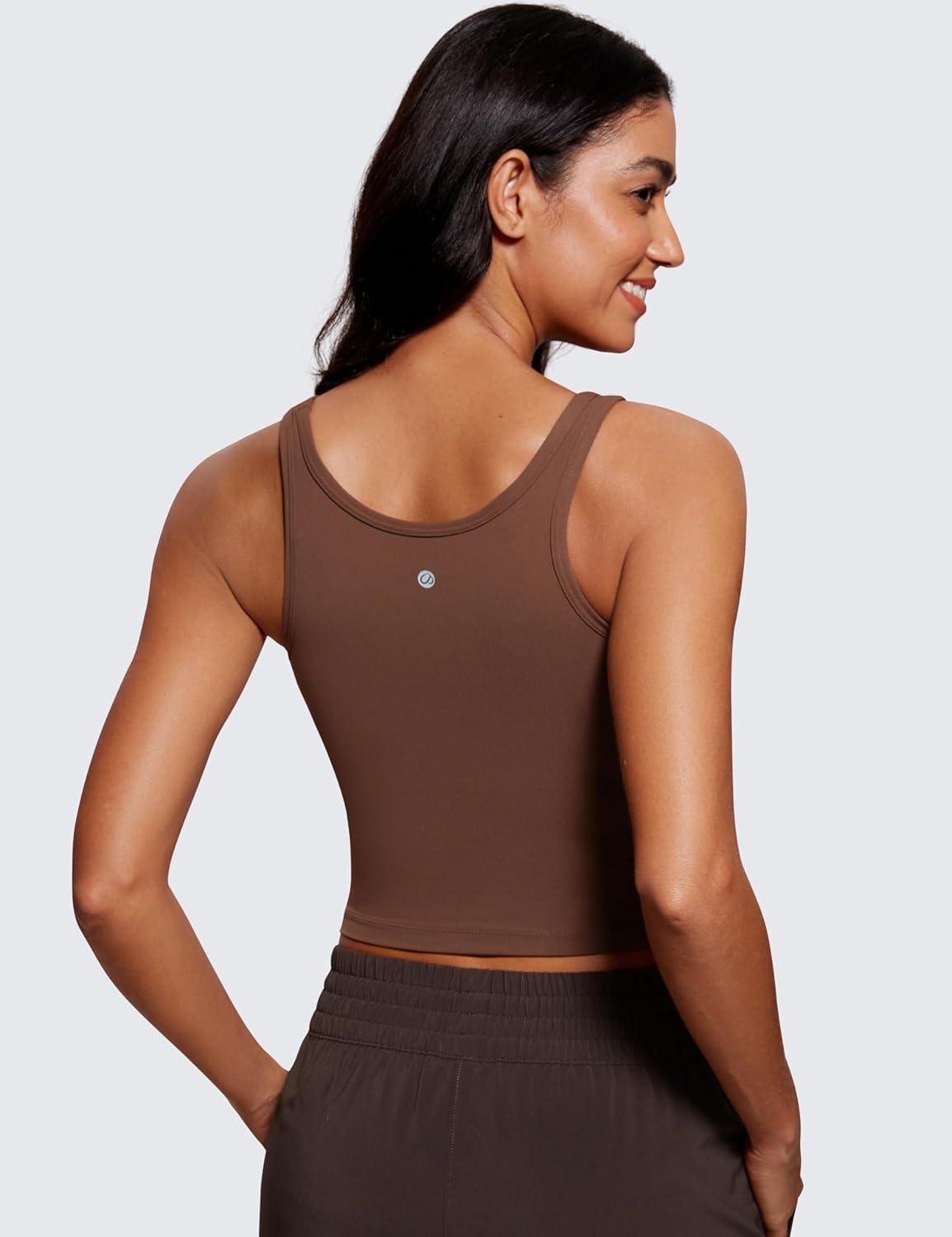 imageCRZ YOGA Butterluxe Double Lined Tank Tops for Women Workout Casual Scoop Neck Racerback Crop Sleeveless ShirtCoffee Brown