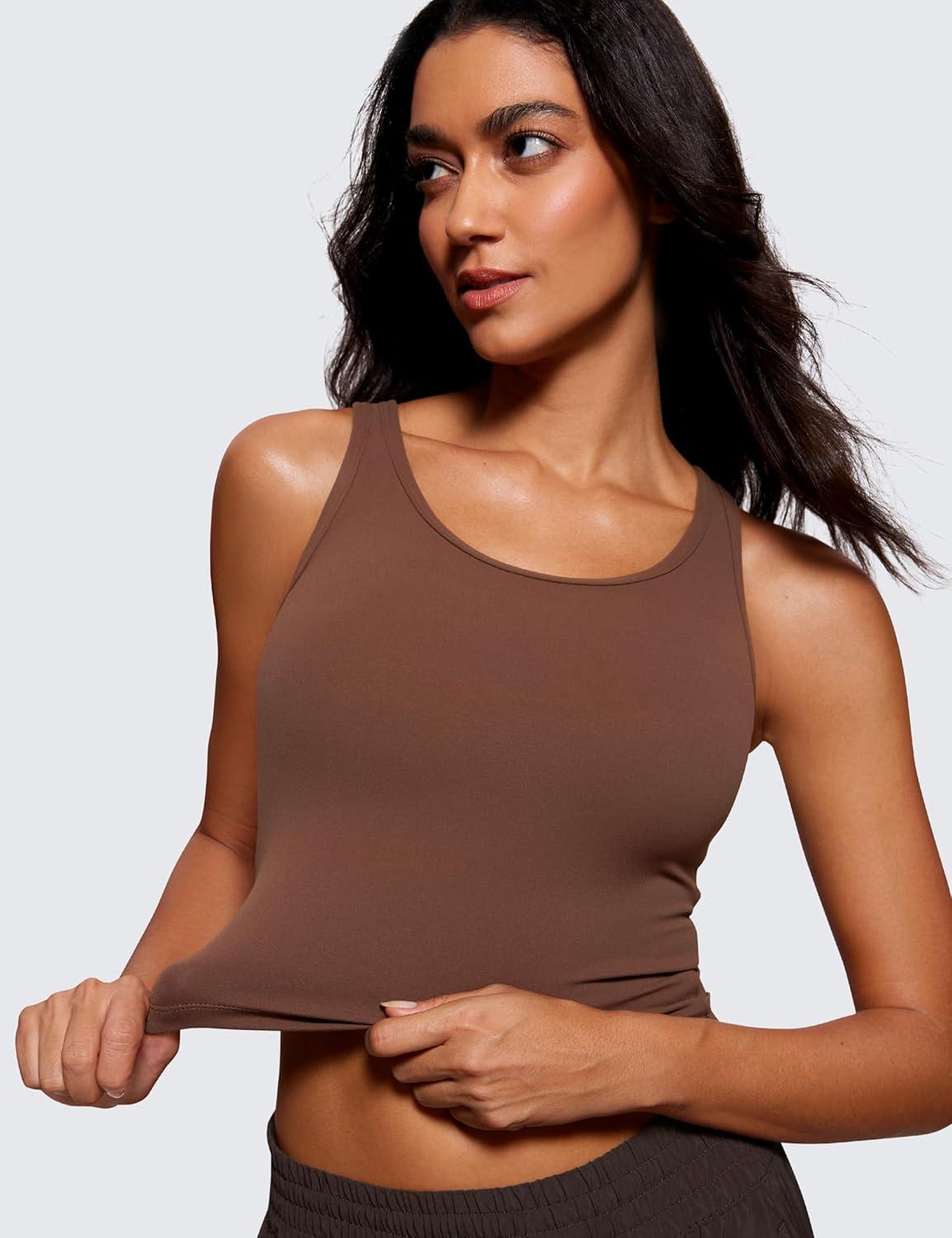 imageCRZ YOGA Butterluxe Double Lined Tank Tops for Women Workout Casual Scoop Neck Racerback Crop Sleeveless ShirtCoffee Brown
