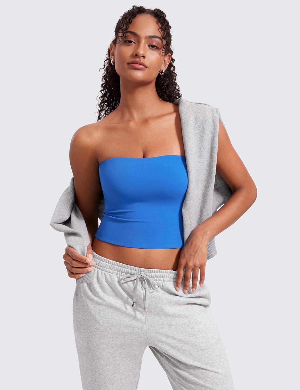 imageCRZ YOGA Butterluxe Double Lined Tube Tops for Women Going Out Casual Tank Bandeau Crop Strapless ShirtsSparkle Blue