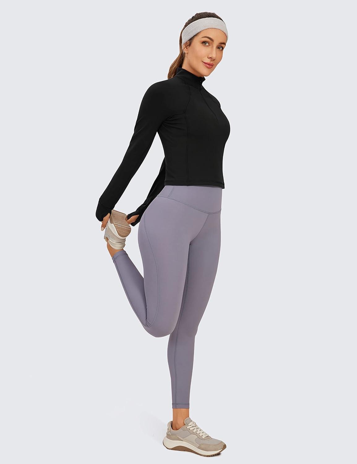 imageCRZ YOGA Butterluxe Half Zip Long Sleeve Shirts for Women Workout Athletic Yoga Tops Crop Collared Quarter Zipper TShirtBlack