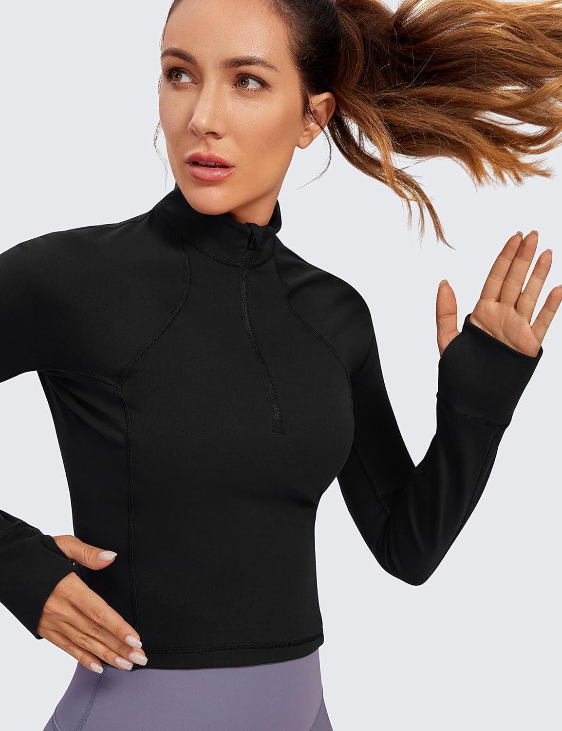 imageCRZ YOGA Butterluxe Half Zip Long Sleeve Shirts for Women Workout Athletic Yoga Tops Crop Collared Quarter Zipper TShirtBlack