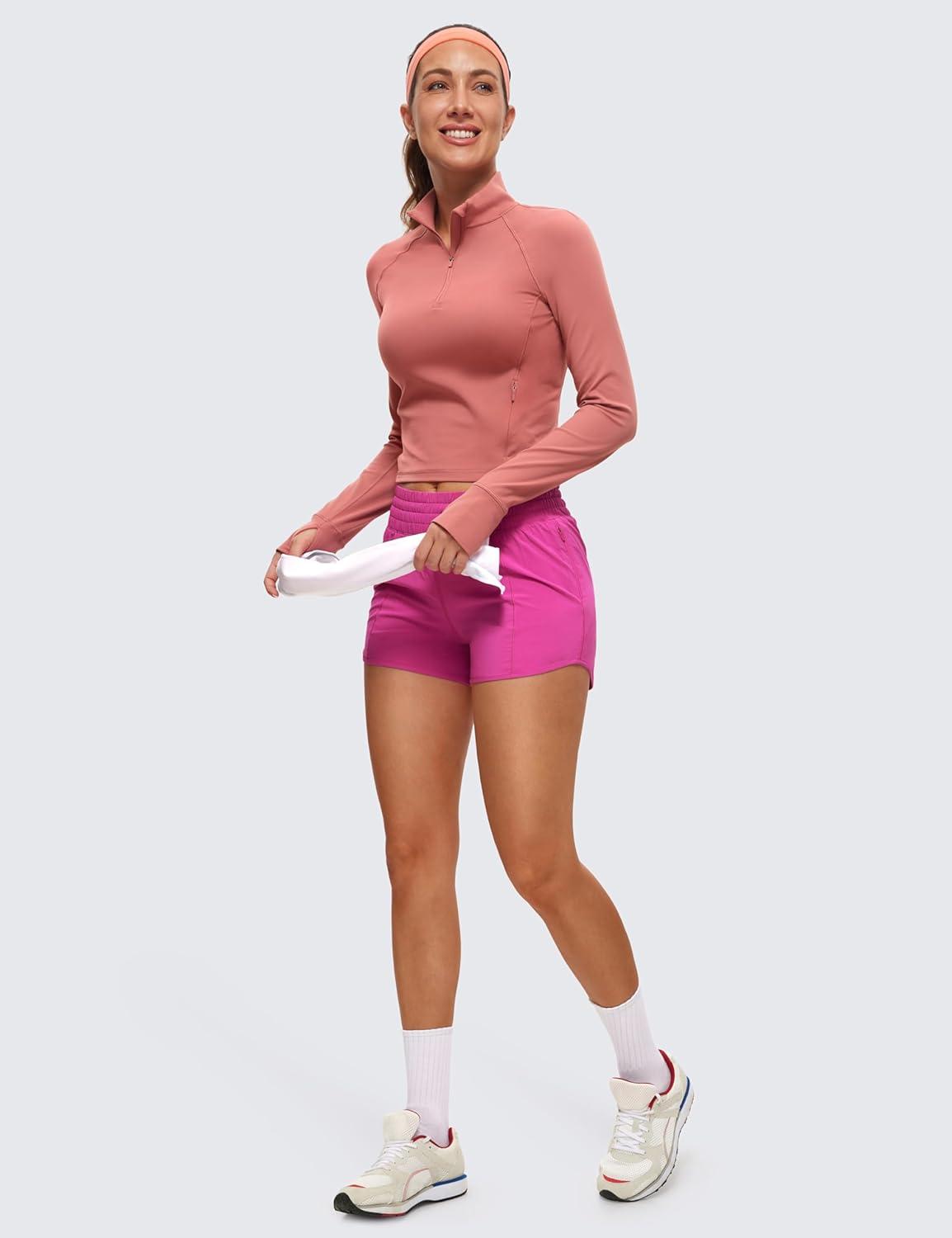 imageCRZ YOGA Butterluxe Half Zip Long Sleeve Shirts for Women Workout Athletic Yoga Tops Crop Collared Quarter Zipper TShirtBriar Rose