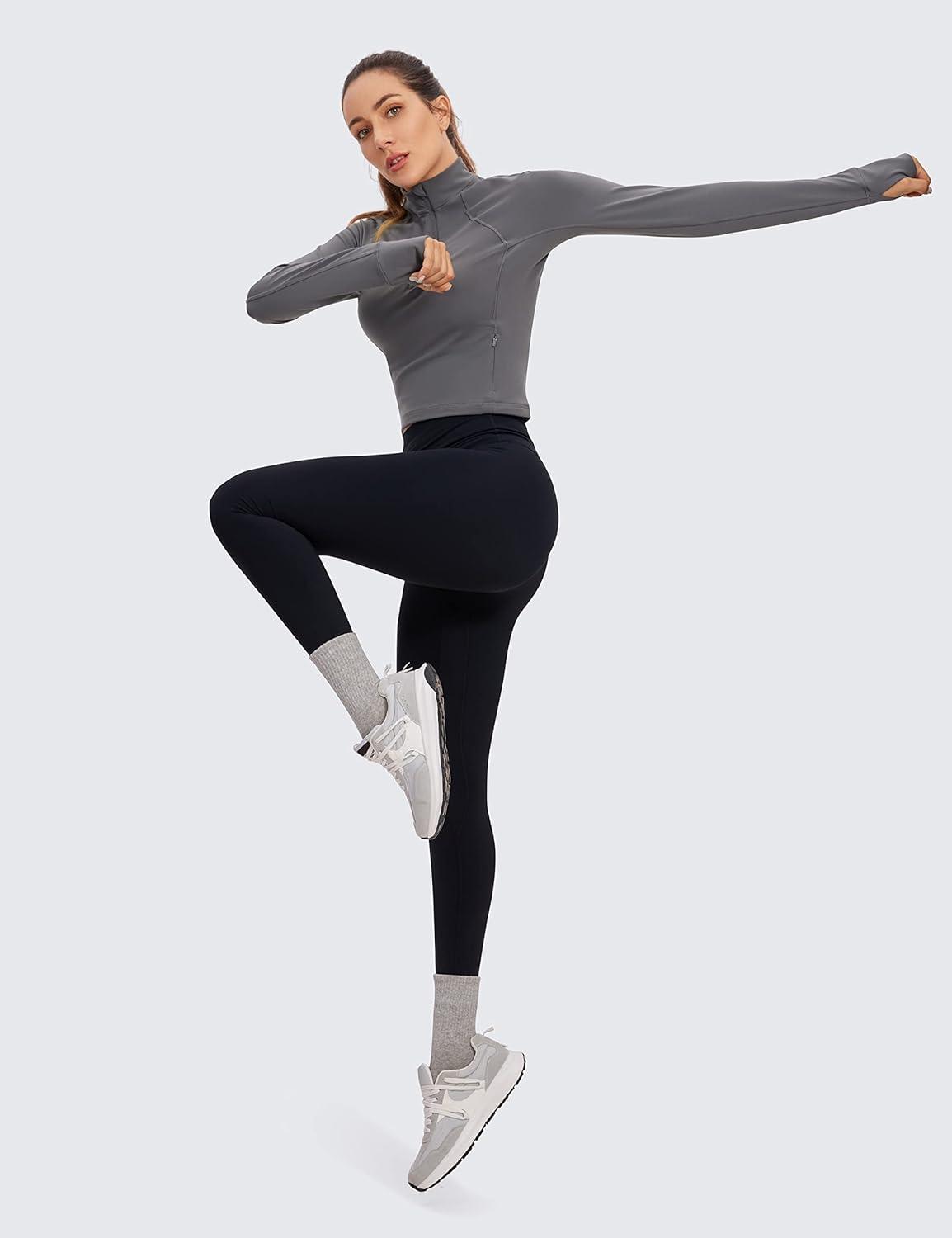 imageCRZ YOGA Butterluxe Half Zip Long Sleeve Shirts for Women Workout Athletic Yoga Tops Crop Collared Quarter Zipper TShirtDark Carbon