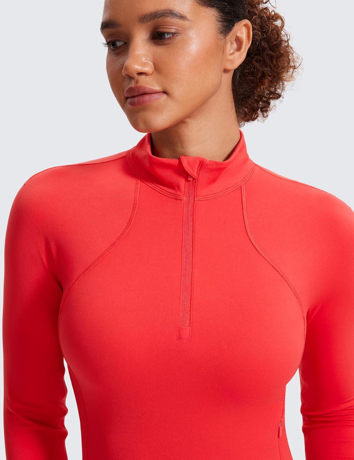 imageCRZ YOGA Butterluxe Half Zip Long Sleeve Shirts for Women Workout Athletic Yoga Tops Crop Collared Quarter Zipper TShirtDeep Red