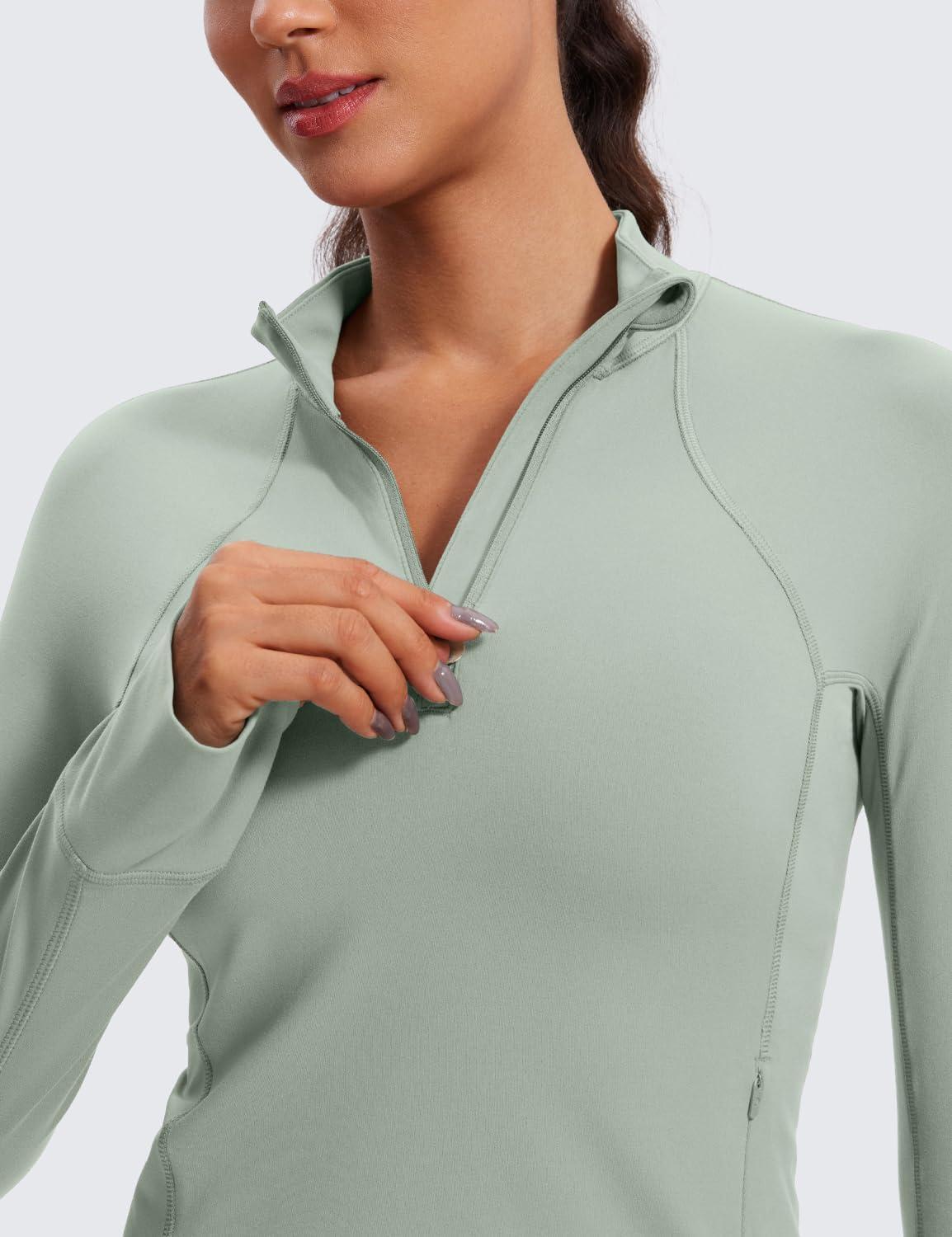 imageCRZ YOGA Butterluxe Half Zip Long Sleeve Shirts for Women Workout Athletic Yoga Tops Crop Collared Quarter Zipper TShirtGreen Palm Court