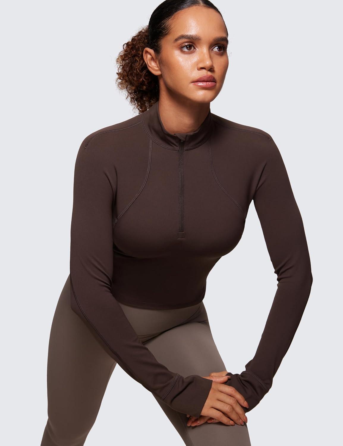 imageCRZ YOGA Butterluxe Half Zip Long Sleeve Shirts for Women Workout Athletic Yoga Tops Crop Collared Quarter Zipper TShirtHot Fudge Brown
