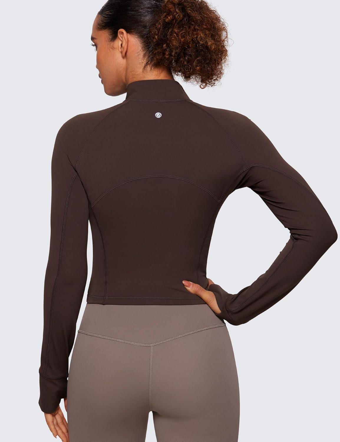 imageCRZ YOGA Butterluxe Half Zip Long Sleeve Shirts for Women Workout Athletic Yoga Tops Crop Collared Quarter Zipper TShirtHot Fudge Brown