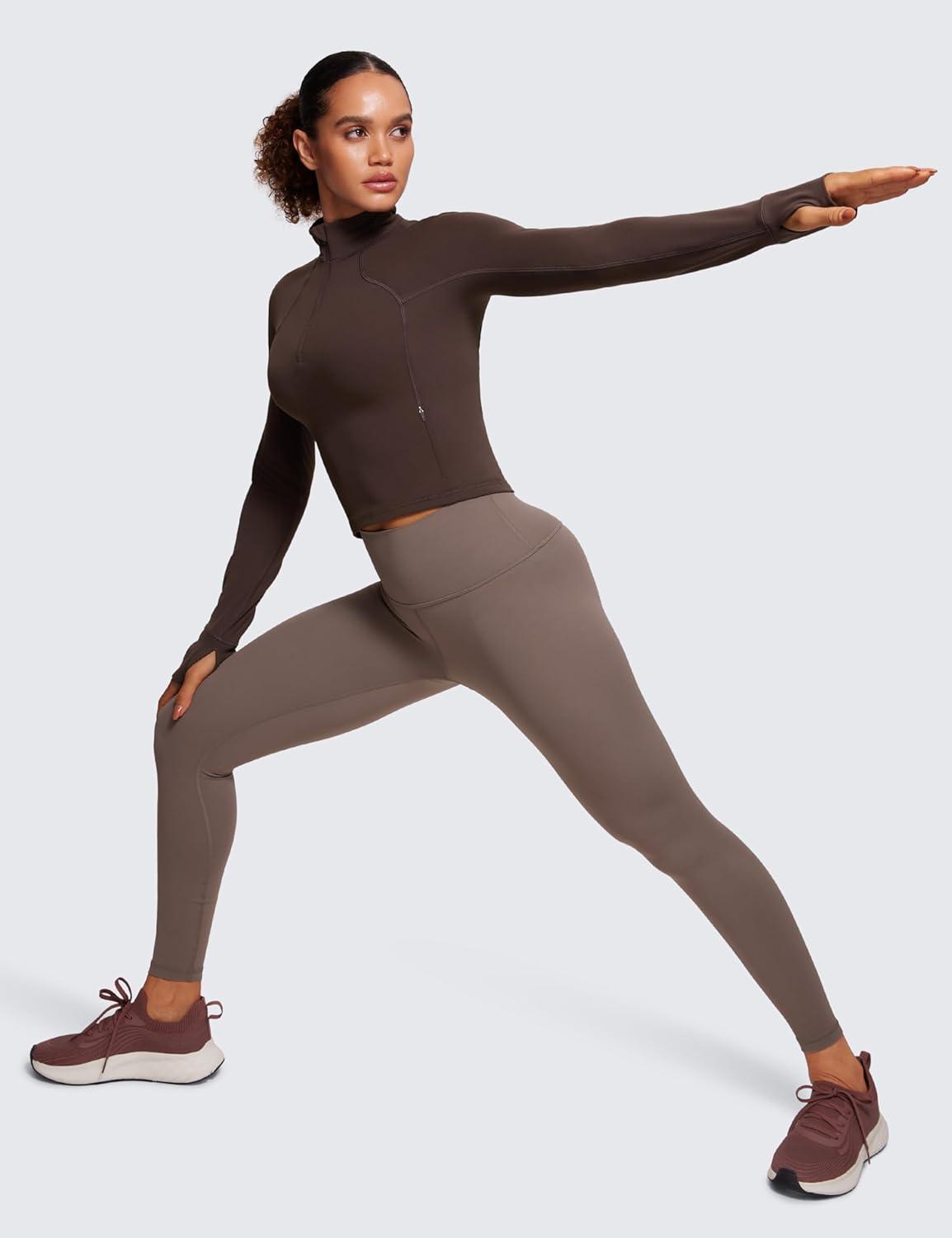 imageCRZ YOGA Butterluxe Half Zip Long Sleeve Shirts for Women Workout Athletic Yoga Tops Crop Collared Quarter Zipper TShirtHot Fudge Brown