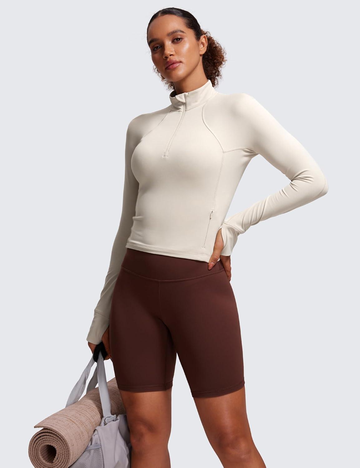 imageCRZ YOGA Butterluxe Half Zip Long Sleeve Shirts for Women Workout Athletic Yoga Tops Crop Collared Quarter Zipper TShirtMojave Tan